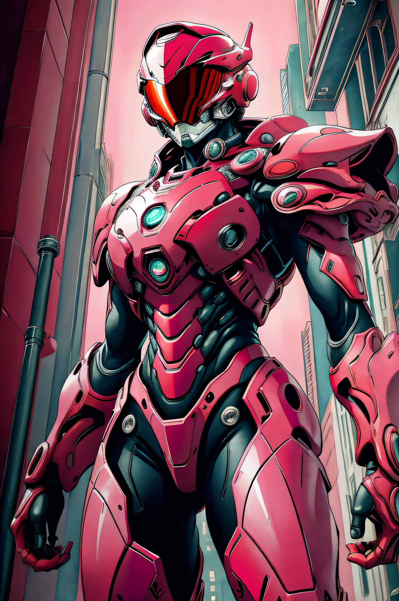 (comic style:1.3), (line art:1.5), robort, serious looking, glowing 4K, Masterpiece, highres, absurdres,photorealistic, , a woman in a suit of red_armor , futuristic (form fitting armor), (red helmet, pink eye shield),
(pink arms) watercolor painting, negative space, by jim lee, cinematic, masterpiece, cyberpunk city, detailed background, detailed material textures,