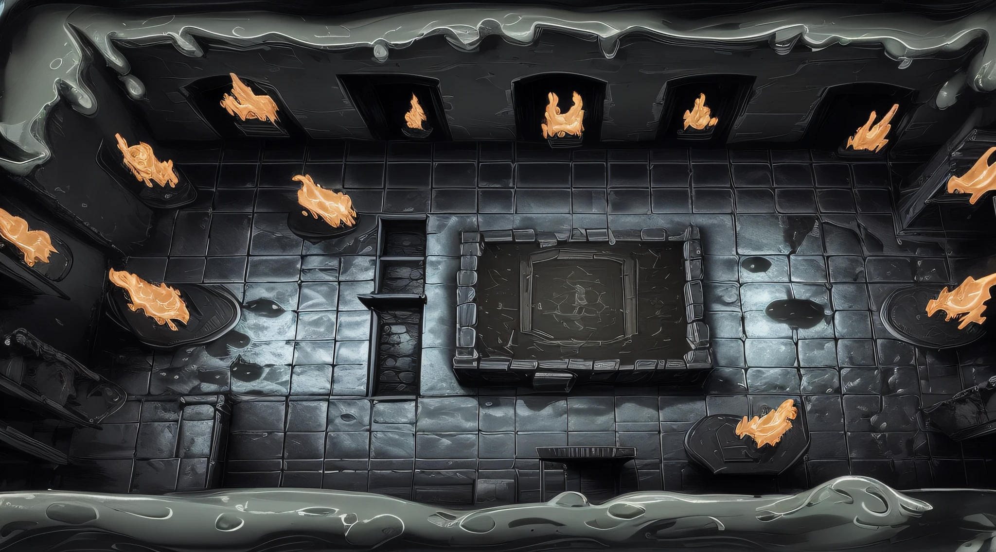 castle room with melting candle on the walls, rpg scenery map, top veiw, dark, low lighting, Bathtub in the middle of the room with black wax