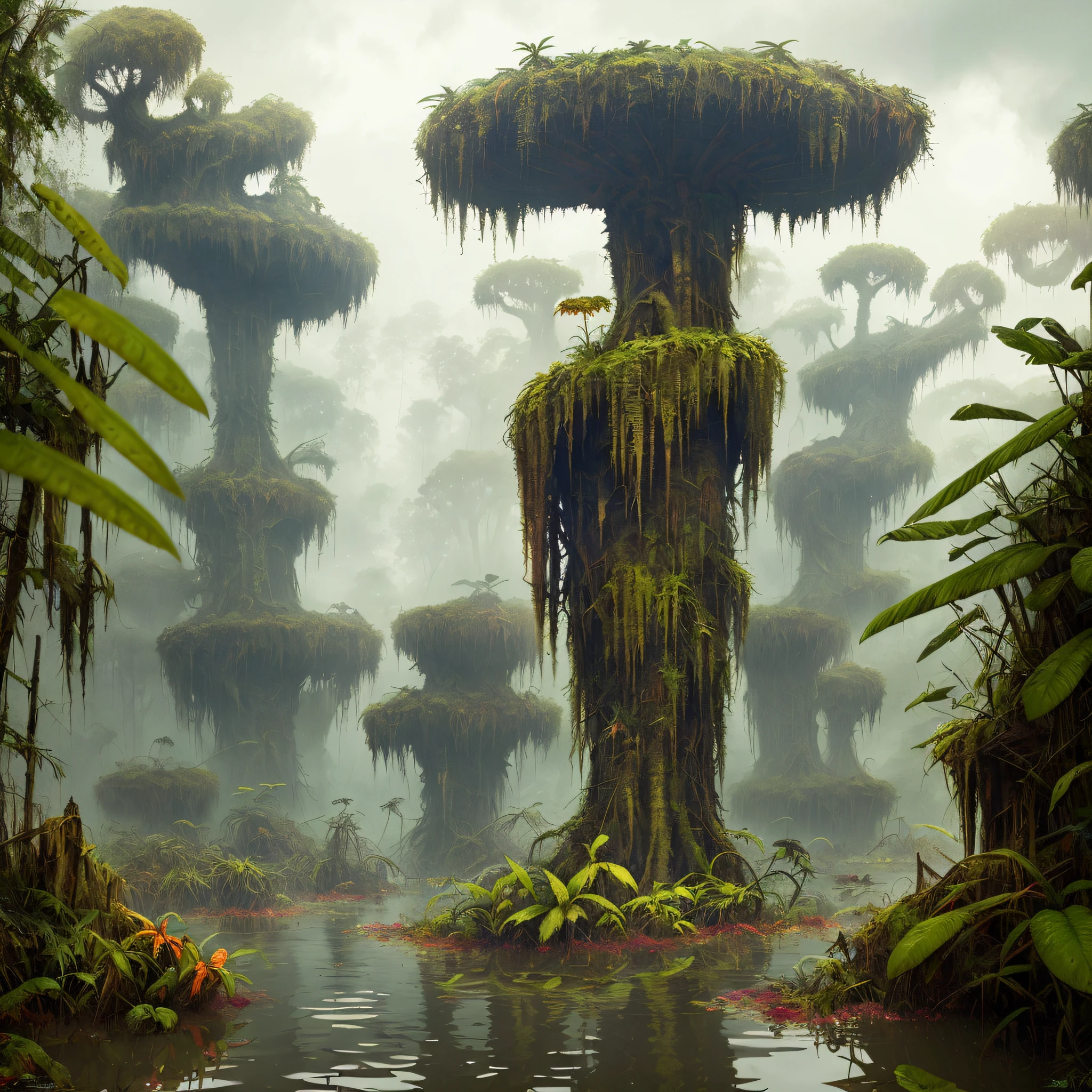 stalenhag, (dense alien jungle swamp:1.3), many strange unusual rainbow flowers, old destroyed parts rust atom nuclear, sci-fi, knots colorfully raw surface, smooth round shapes, hdr, 8k, 4k, octane renderer, huge detailed, artstation