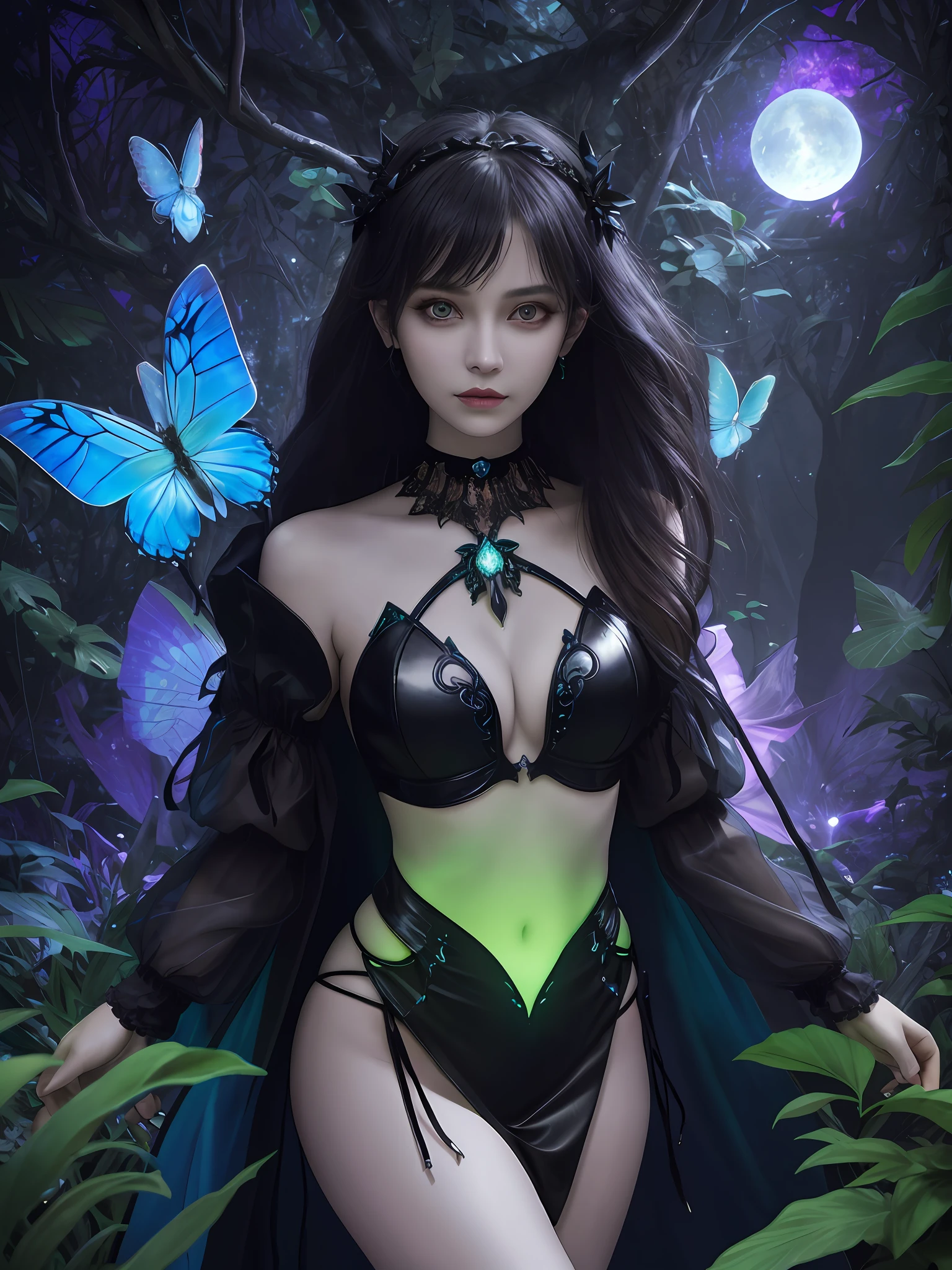 (16k, masterpiece, best quality), ultra-detailed, detailed beautiful round eyes, beautifully detailed face, high quality, high resolution, goddess, perfect face, perfect body, large breast, ((nighttime)), mature women, cinematic light, fantasy, sexy goth girl wears a bikini and torn fullbody transparent cloths coat, floating cloth, choker, glowing (underworld fantasy) forest plants with neon details, open shoulders, tiny glowing butterfly, small mutated animals in background, torn mini skirt, shoulder pads emitting magic energy, cameltoe, dark, light reflection, perfect anatomy, looking into the distance