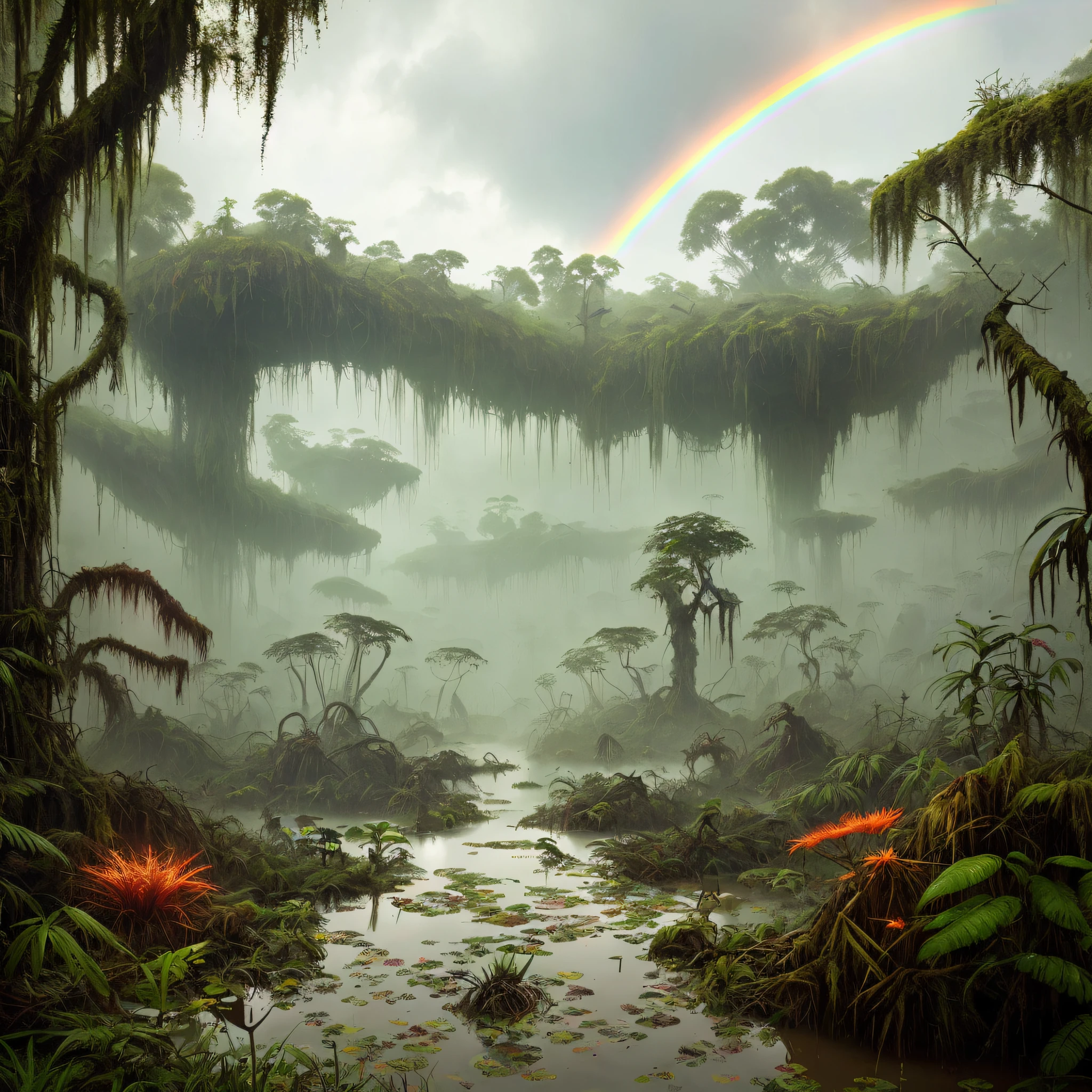 stalenhag, (dense alien jungle swamp:1.3), many strange unusual rainbow flowers, old destroyed parts rust atom nuclear, sci-fi, knots colorfully raw surface, smooth round shapes, hdr, 8k, 4k, octane renderer, huge detailed, artstation