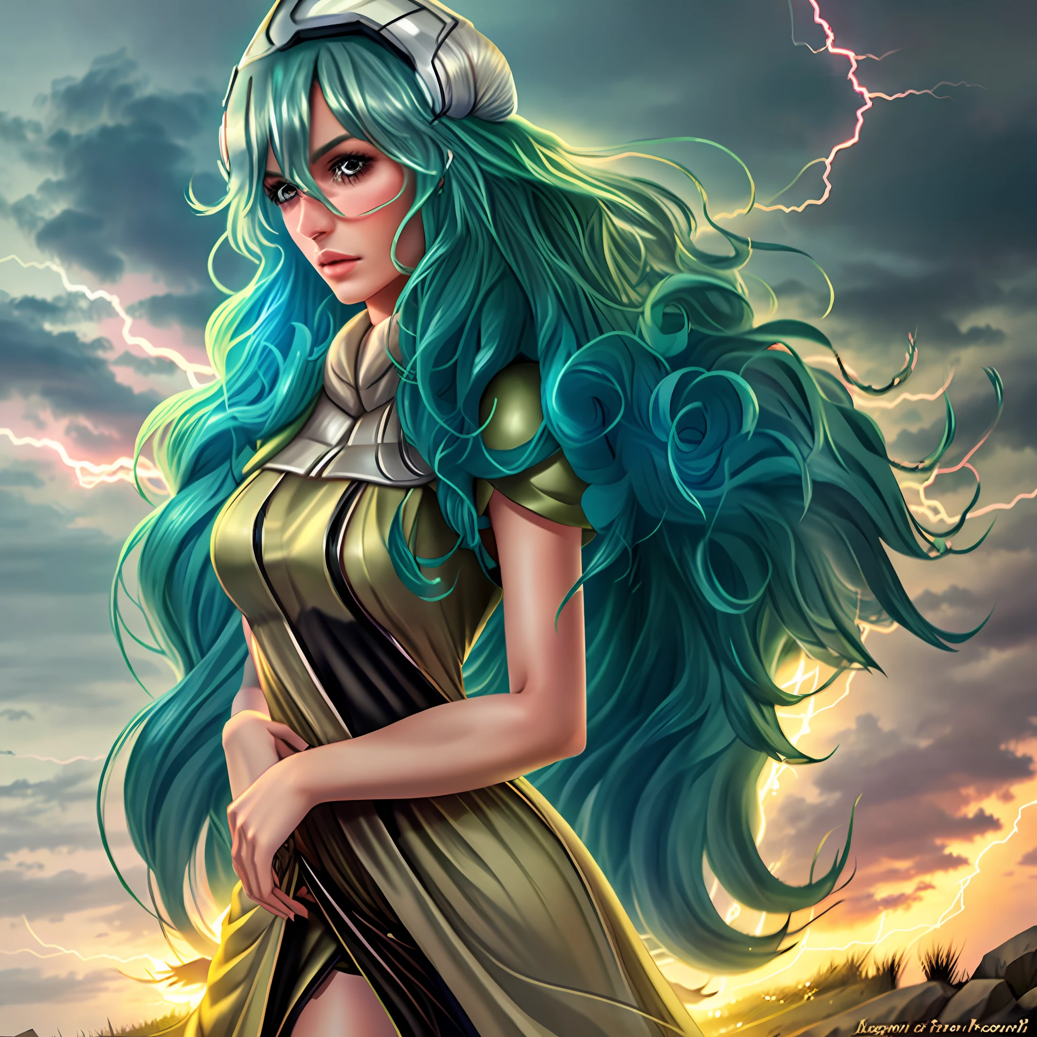 Tall gorgeous woman with swept hair scenery with lightning falling behind
