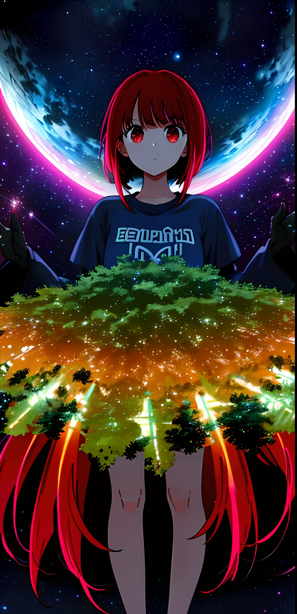 A high-resolution image of futuristic Earth with sprawling metropolises encompassing the entire continent, and above, a variety of spaceships hovering in the air, beaming light down on the cities below. The sky is only partially visible, with the darkness of space glimmering above. The cities are illuminated with bright lights of differing colors, and the stars twinkle in the darkness.1 girl , red hair, red eyes, medium breast, t shirt , tight short pants , falling from sky, close up