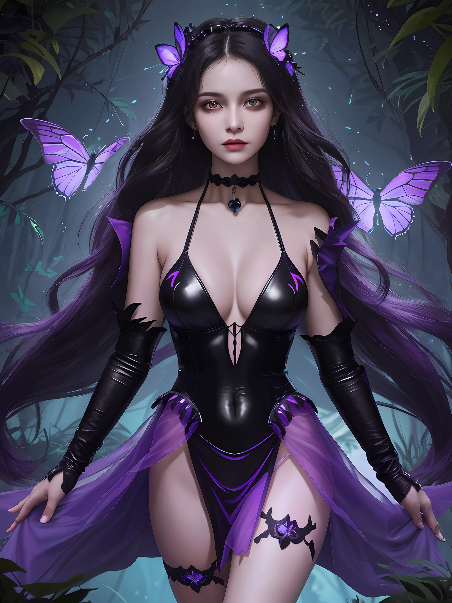 (16k, masterpiece, best quality), ultra-detailed, detailed beautiful round eyes, beautifully detailed face, high quality, high resolution, goddess, perfect face, perfect body, massive breast, ((nighttime)), mature women, cinematic light, fantasy, sexy goth girl wears a bikini and torn fullbody transparent cloths coat, choker, glowing underworld fantasy forest plants with purple neon details, open shoulders, tiny purple glowing butterfly, small mutated animals in background, torn mini skirt, shoulder pads emitting magic energy, cameltoe, dark, light reflection, perfect anatomy, looking into the distance