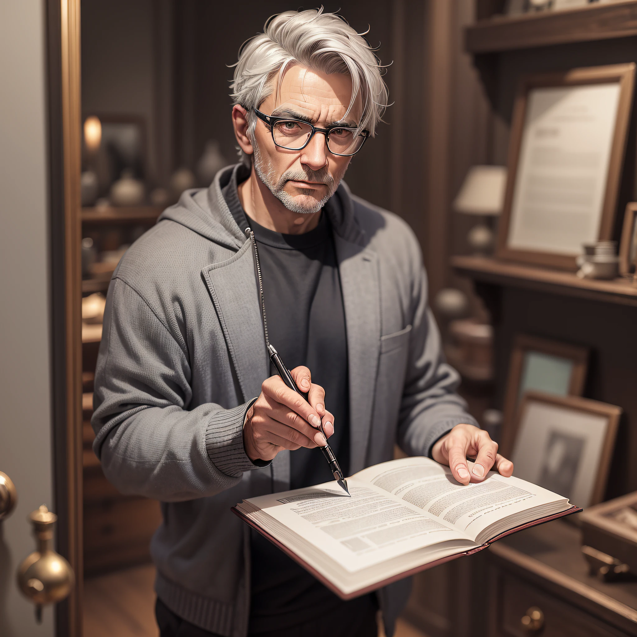 Realistic image of a man with short, gray hair, wearing glasses, wearing a black sweatshirt, standing, holding a pen and looking startled at the pen in his hand, set of an antique dealer --auto --s2