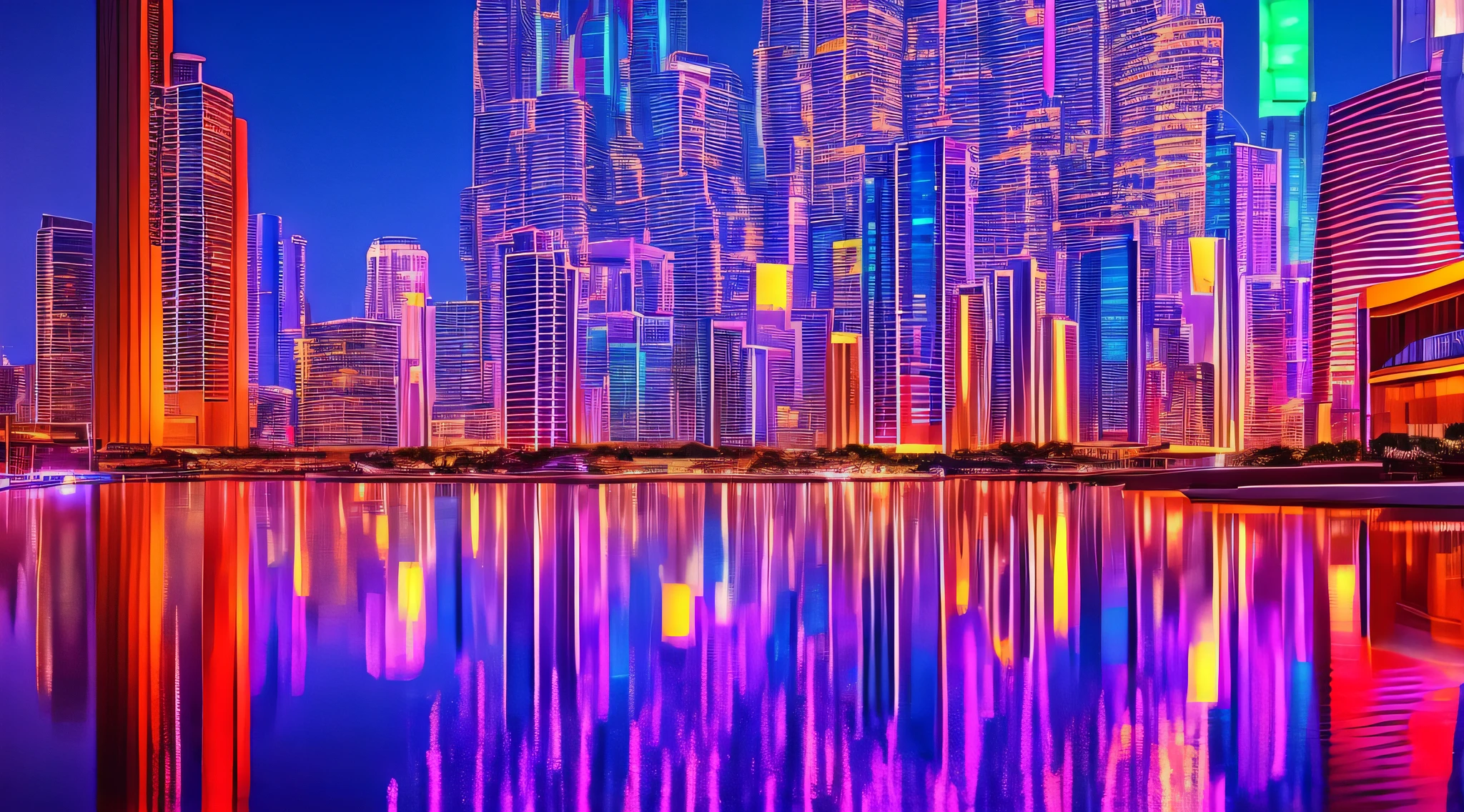 A futuristic city with neon-colored skyscrapers, night sky filled with bright lights, modern and innovative architecture, houses illuminated in futuristic style, technological cityscape, digital illustration with elements of science fiction, vibrant reflections on the facades of buildings, electrifying and dynamic atmosphere, amazing details that portray an advanced world, --air 16:9 --v 5, Social realism, chromatic aberration abuse, backlighting, ray tracing, reflection light, glowing light, god rays, chromatic aberration, Fujicolor, best quality, high details, super detail, best quality, highres, high quality --auto --s2