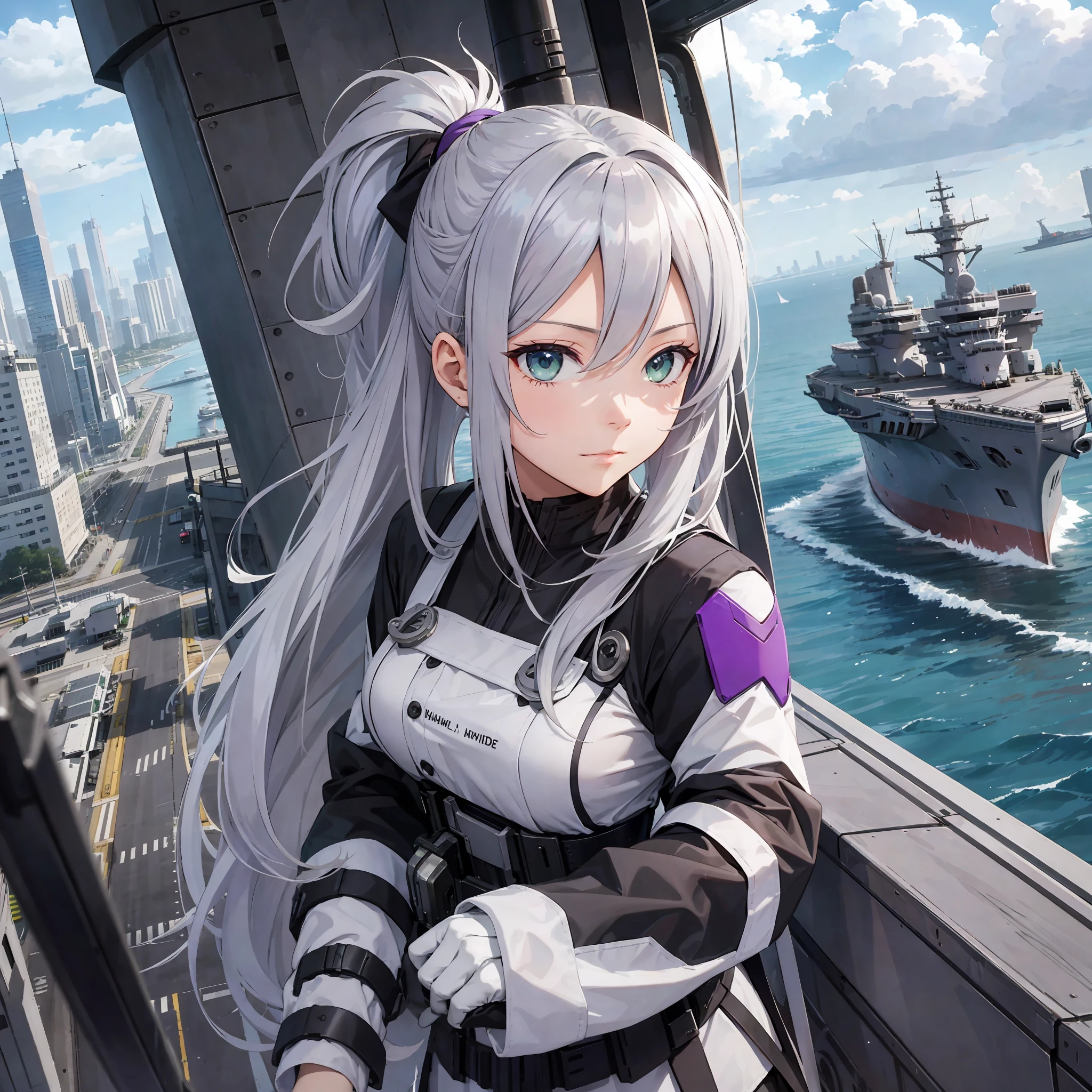 Shipwive, aircraft carrier, more immature, building, dark gray, silver, long left ponytail, gradient hair color from white to purple, dark green eyes, main weapon single, main weapon number 7 --auto --s2