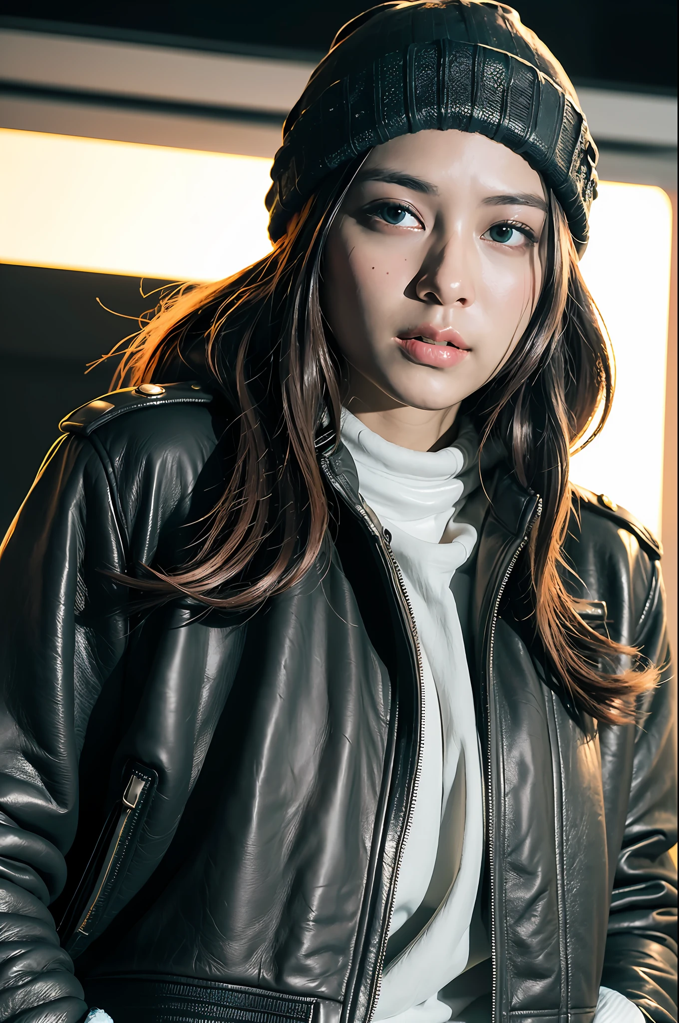 (
(8k:1.27), best quality, masterpiece, ultra highres:1.2) Photo of Pretty Japanese woman
 (beautiful:1.1) (sci-fi warrior woman:1.1) space soldier, (beanie:1.61) (leather jacket:1.21) intricate elegant, fantasy, detailed, ometric by greg rutkowski and alphonse mucha, gradient lighting