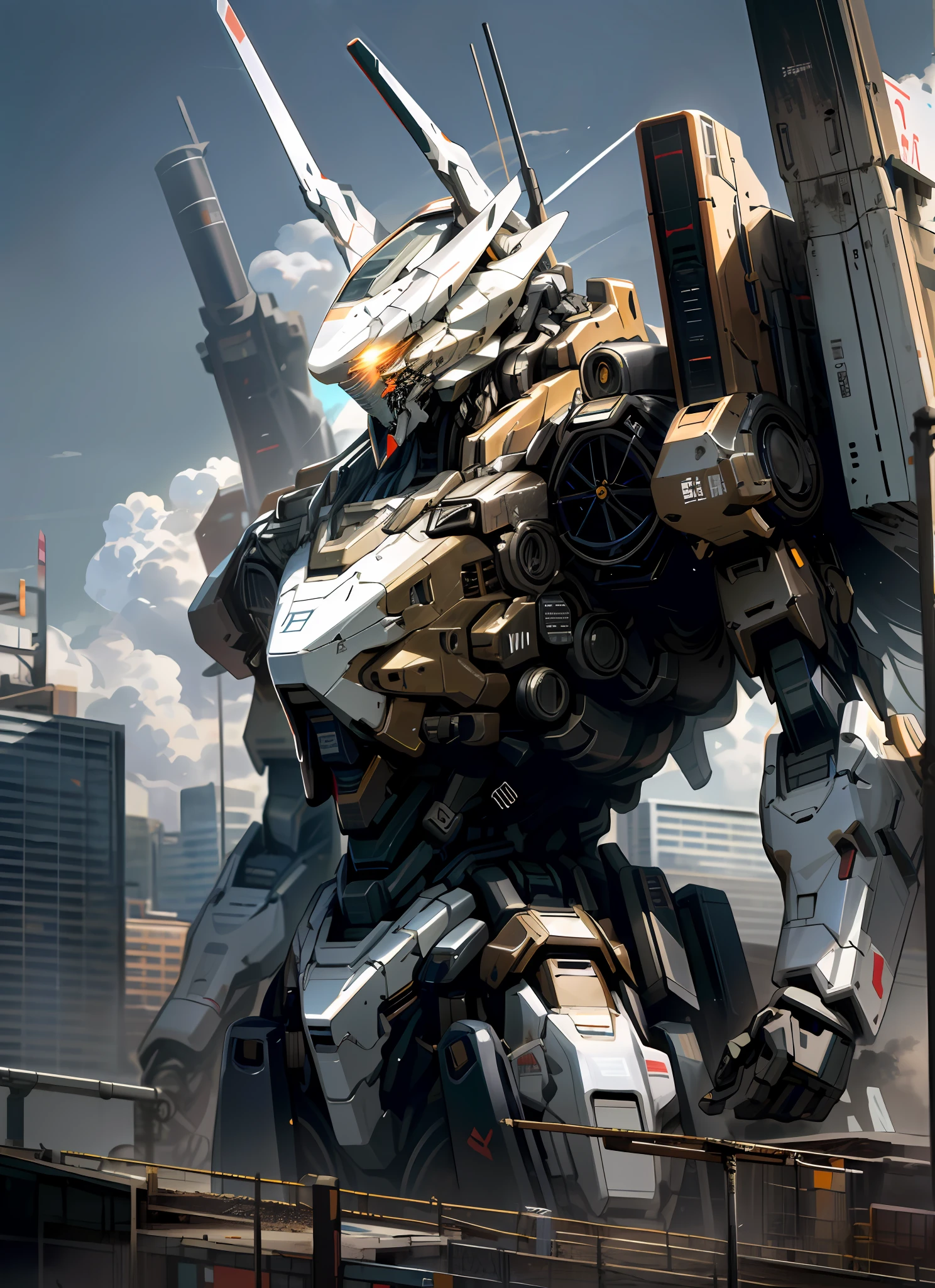 masterpiece, best quality, high detailed, sky, cloud, holding_weapon, no_humans, glowing, robot, building, glowing_eyes, mecha, science_fiction, city, realistic,mecha, black mecha