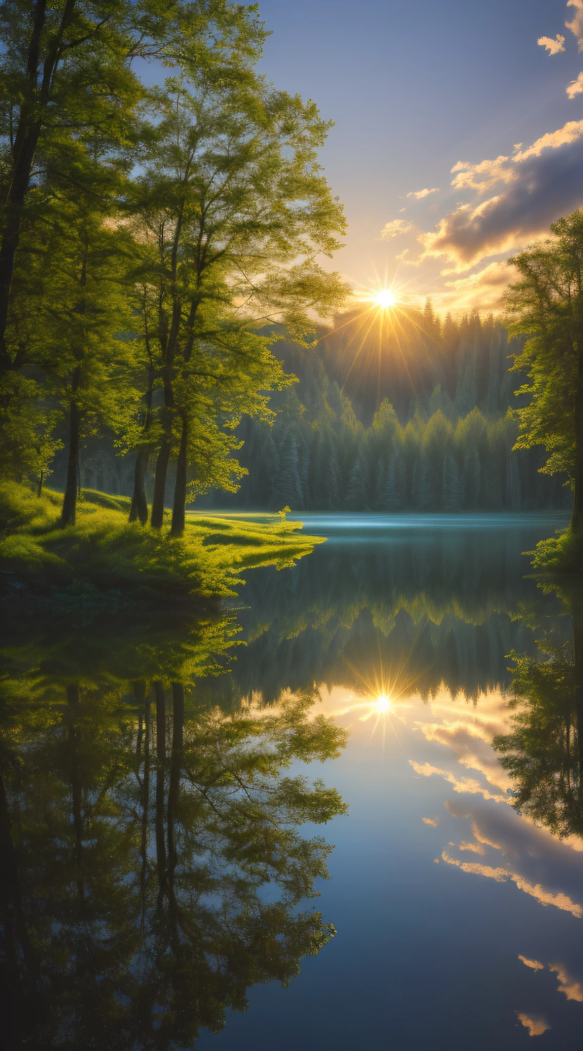 wallpaper, summer, lake, dawn, forest, detailed forest, clouds, masterpiece, cinematic, soft light, depth of field, ray tracing, reflection in water, realism, ulra detailed,