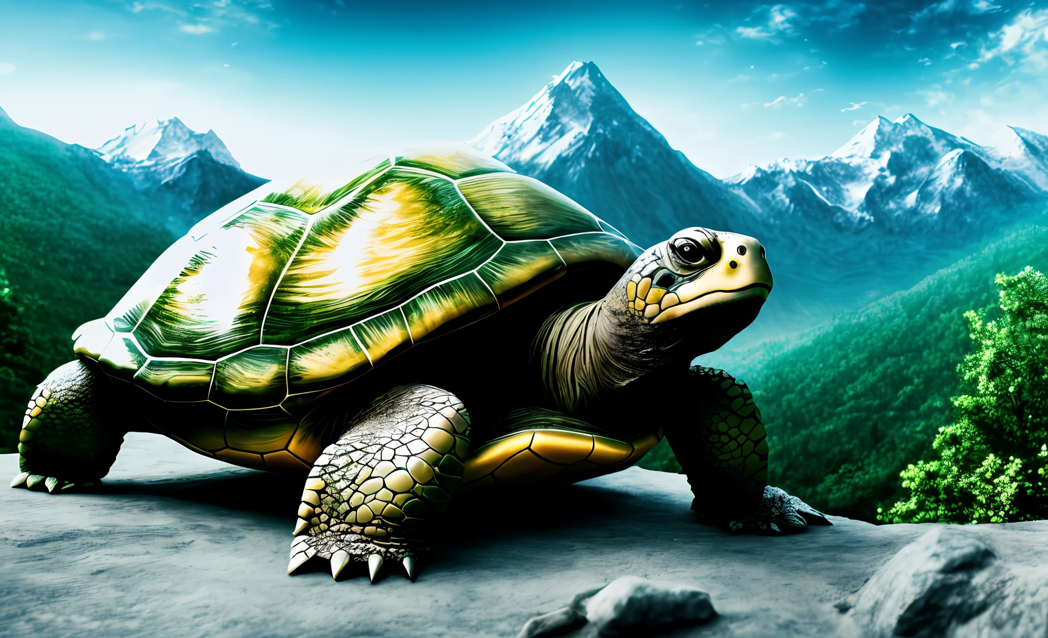 A turtle with the shell made of mountain, ultra realistic, hyper detailed, hdr