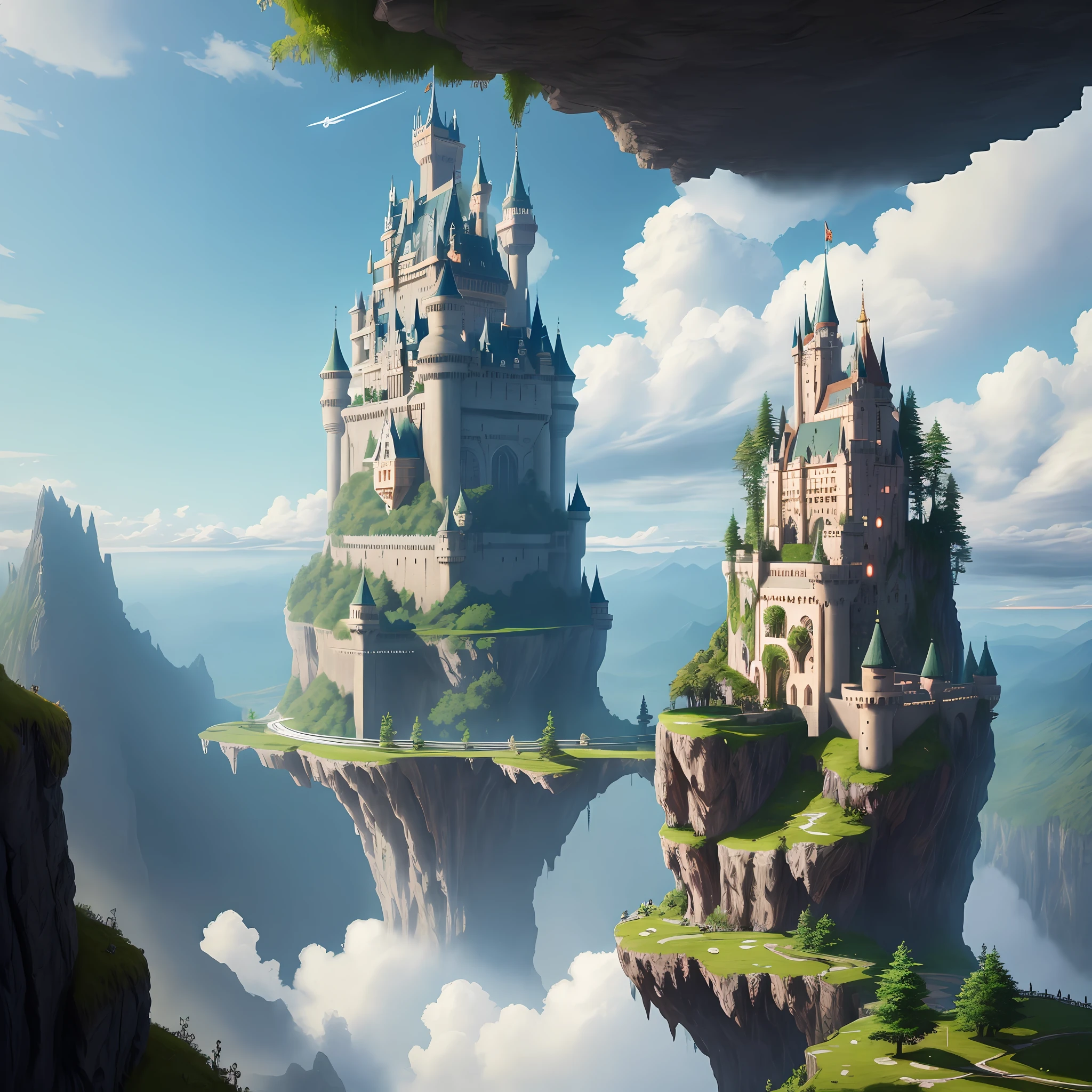 Huge castle floating in the air Island Nature Waterfall Best Quality Ultra High Definition 8K Fantasy Cyberpunk Sci-Fi Isekai Mountain