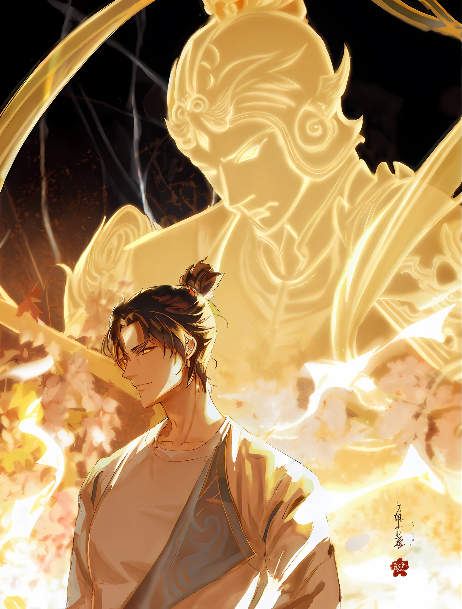 anime character with a sword and a demon in the background, heise jinyao, fujin, 4 k manga wallpaper, zhao yun, akehiko inoue and ross tran, krenz cushart and wenjun lin, ross tran and bayard wu, avatar image, akira from chinese mythology, rob rey and kentaro miura style