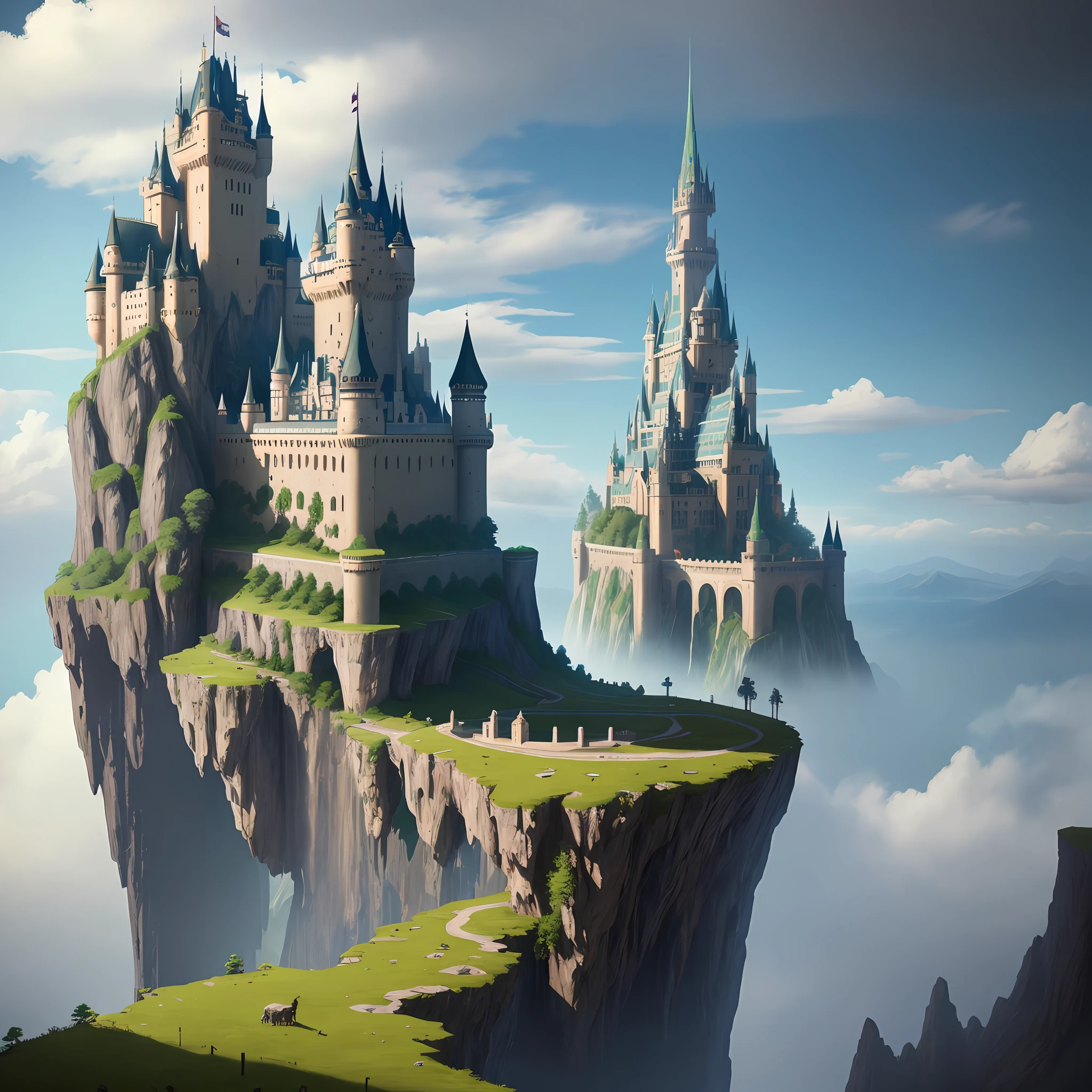 Huge castle floating in the air Island Nature Waterfall Best Quality Ultra High Definition 8K Fantasy Cyberpunk Sci-Fi Isekai Mountain