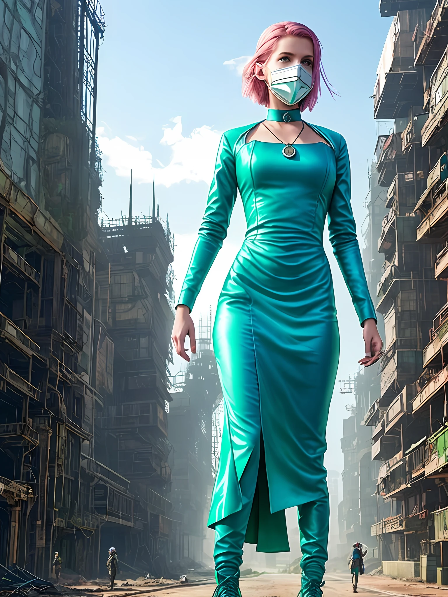 Ellie Smith Wizard of the Emerald City in post-apocalypse style with a respirator in high-tech silver shoes in a blue dress