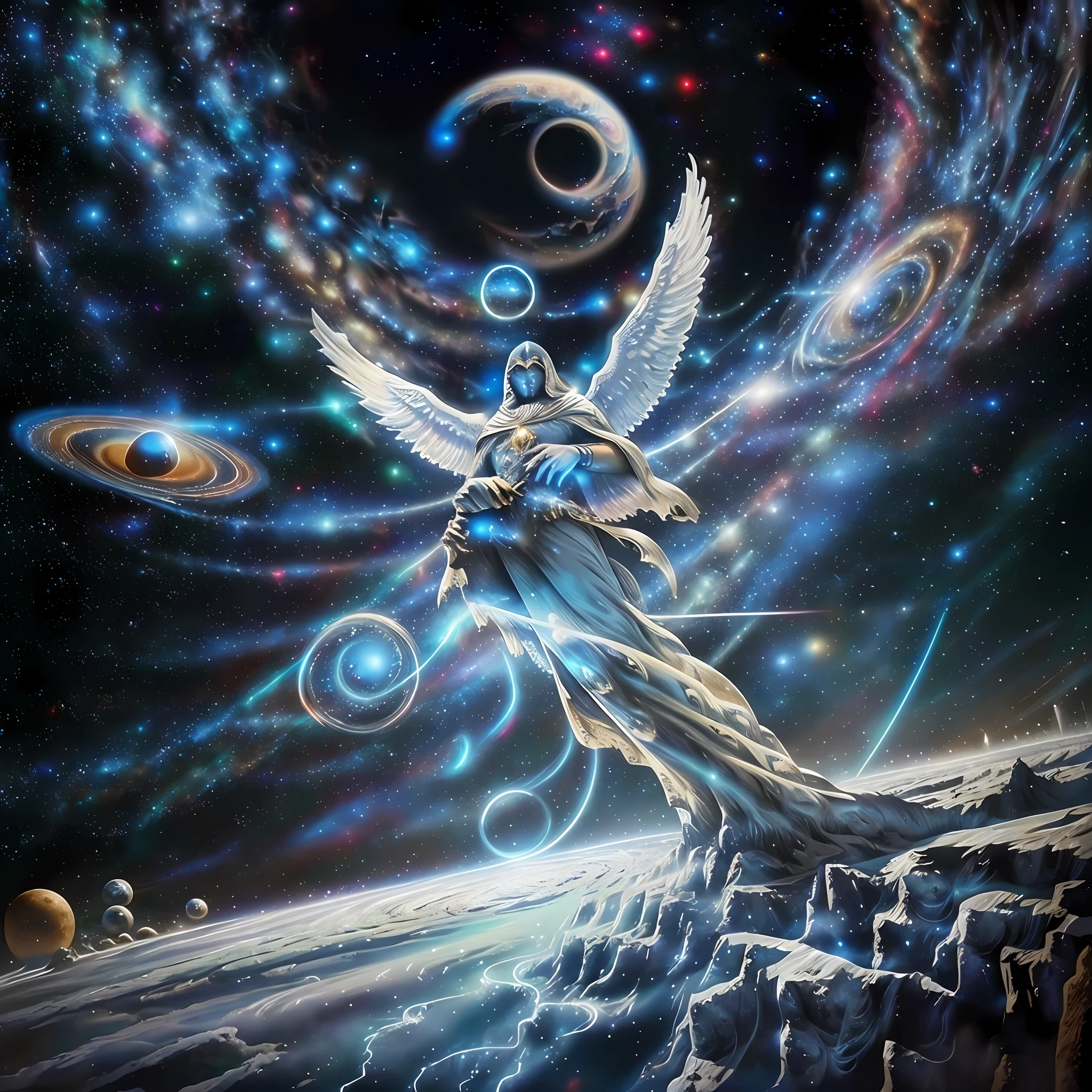 God man gigantic guardian angel of the galaxies, wrapped in a white and gold veil on top of a planet in front of a spiral vortex with a background of galaxies, magical portal in the sky, brilliant magical time portal, highly detailed in 32k, hyper detailed, hyper sharp, hyper realistic, hyper intricate, photorealism style