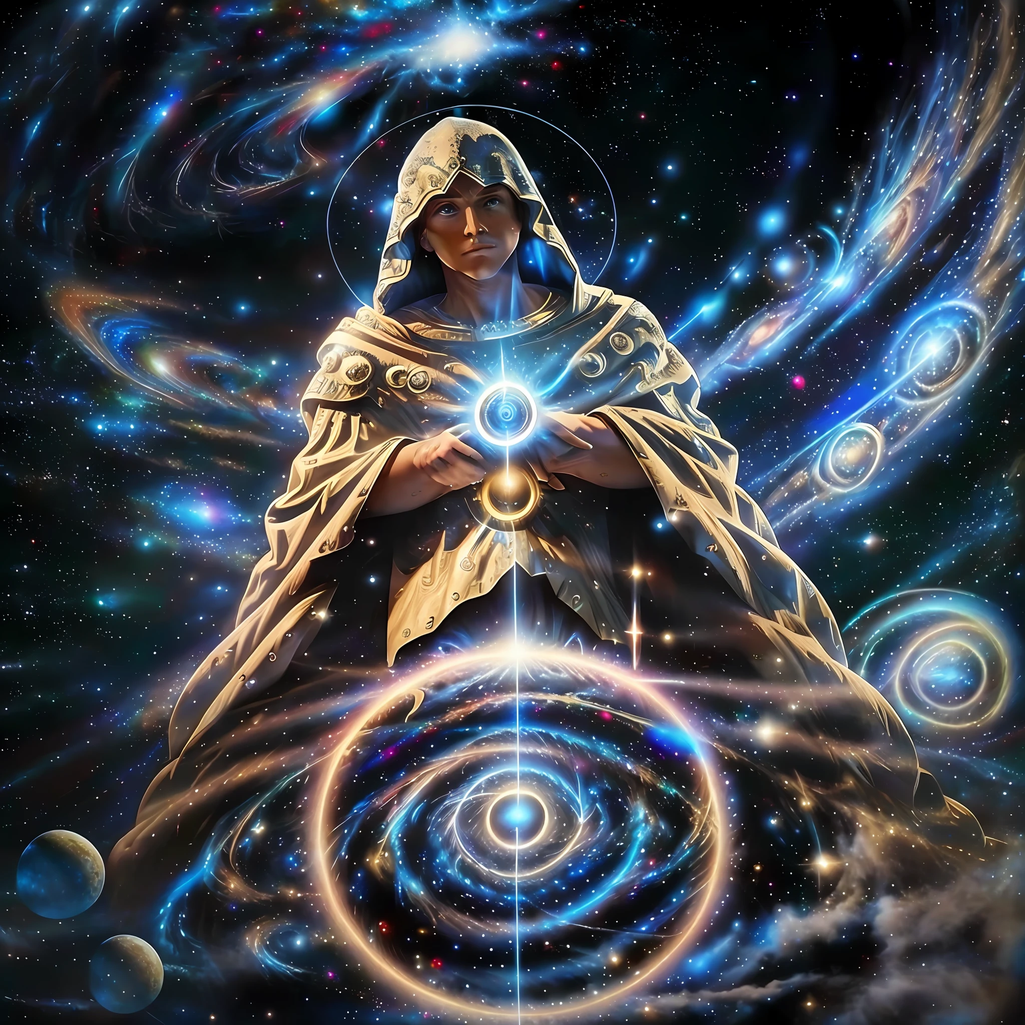 God man gigantic guardian angel of the galaxies, wrapped in a white and gold veil on top of a planet in front of a spiral vortex with a background of galaxies, magical portal in the sky, brilliant magical time portal, highly detailed in 32k, hyper detailed, hyper sharp, hyper realistic, hyper intricate, photorealism style