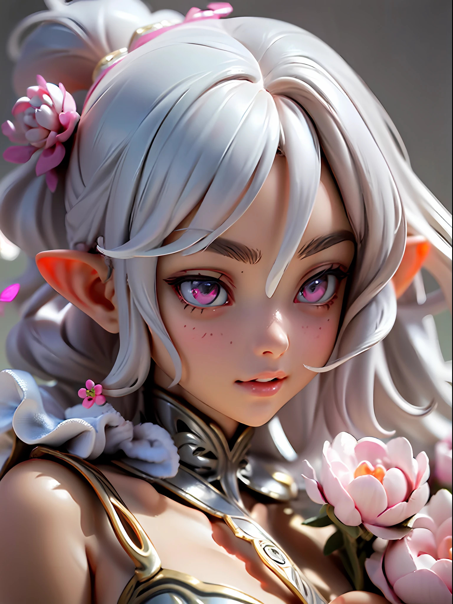 angel, ((third eye)), 1girl, grey hair, pink eyes, cheerful, perfect body, detailed face, closeup, soft skin, 4digists 1thumb, freefalling, short curly hair, elf ears, medium chest, rose gold armlet, intricate hair, ((peony)), angel wings, white dress under armor, halo, ponytail