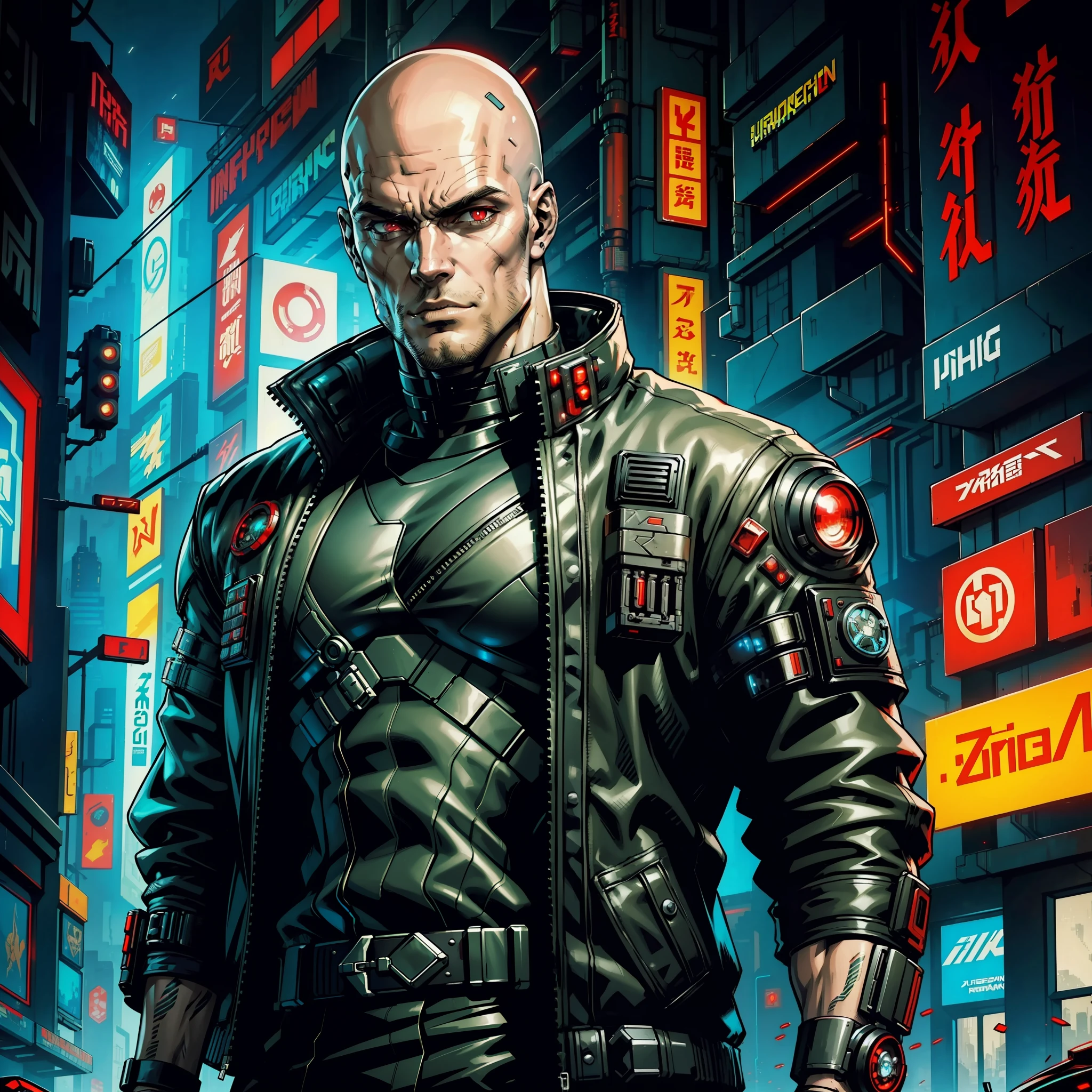 A closeup of a man in a futuristic costume with red eyes, cyberpunk character art, metabaron, science fiction, scifi, shadowrun character art, cyberpunk hero, portrait of a cyberpunk man, splash shadowrun art, epic scifi character art, portrait of a cyberpunk cyborg, cyberpunk character, cyberpunk digital painting, epic sci-fi character art, epic sci-fi character art, cyberpunk guy, ((bald)), Henry Cavill's face, (((stylish cyberpunk jacket))