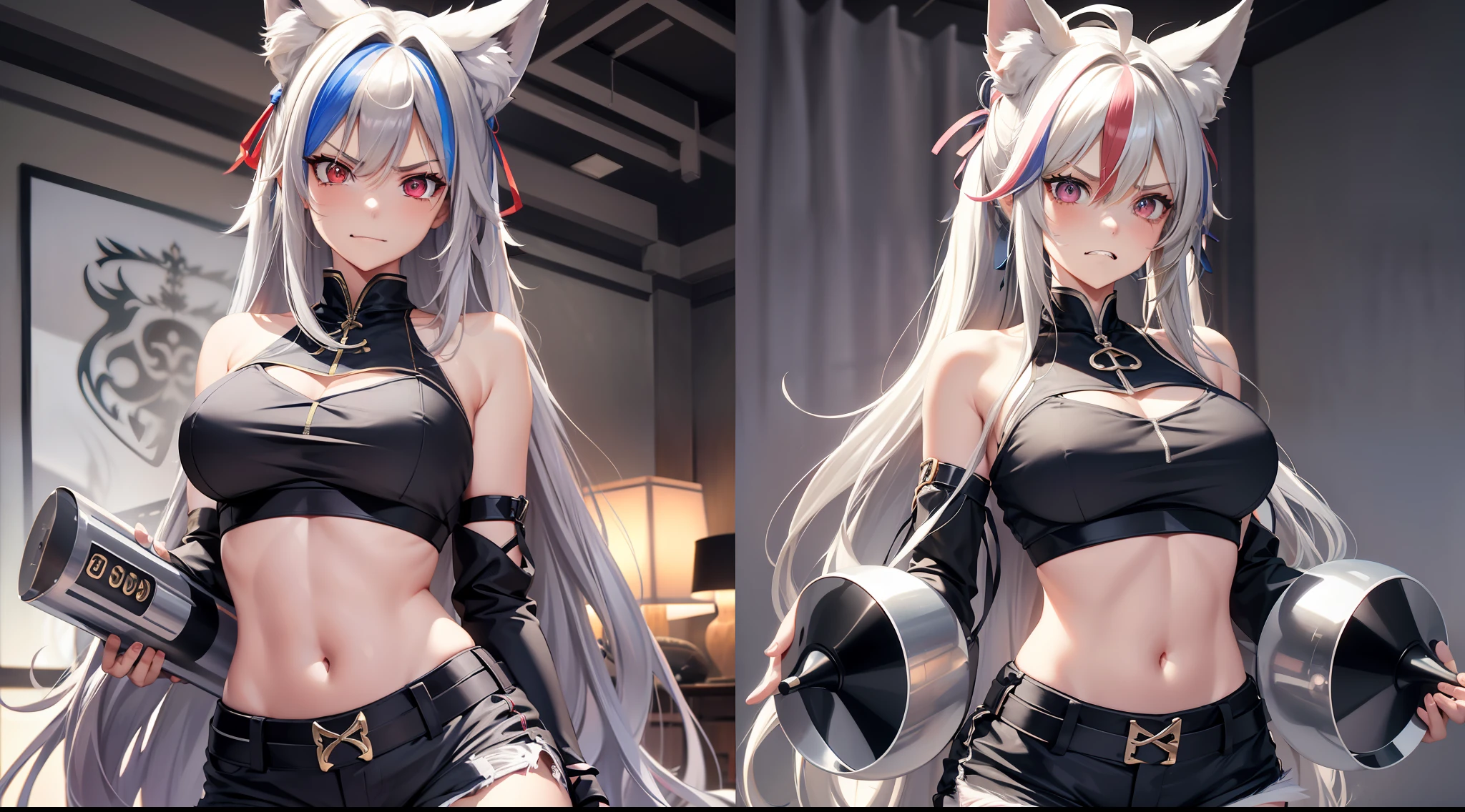 squat down, Crop top. Skinny shorts, streaked hair, silver hair, blonde hair, side swept bangs, very long hair, folded ponytail, expressive hair, big hair, huge ahoge, hair flower, ribbon, raised eyebrows, gradient eyes, heterochromia, red eyes, fox ears, grin, angry, covering eyes, ray tracing, stereogram, multiple views, wide shot, masterpiece, ccurate, anatomically correct, high details, high quality, best quality