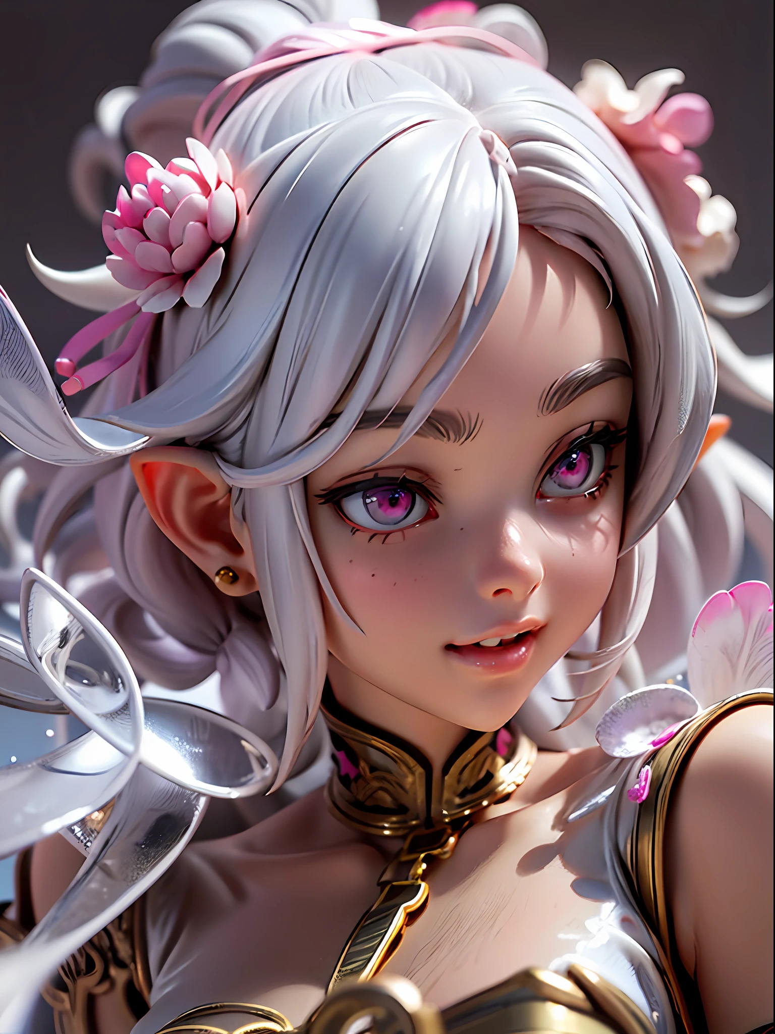 angel, ((third eye)), 1girl, grey hair, pink eyes, cheerful, perfect body, detailed face, closeup, soft skin, 4digists 1thumb, freefalling, short curly hair, elf ears, medium chest, rose gold armlet, intricate hair, ((peony)), angel wings, white dress under armor, halo, ponytail