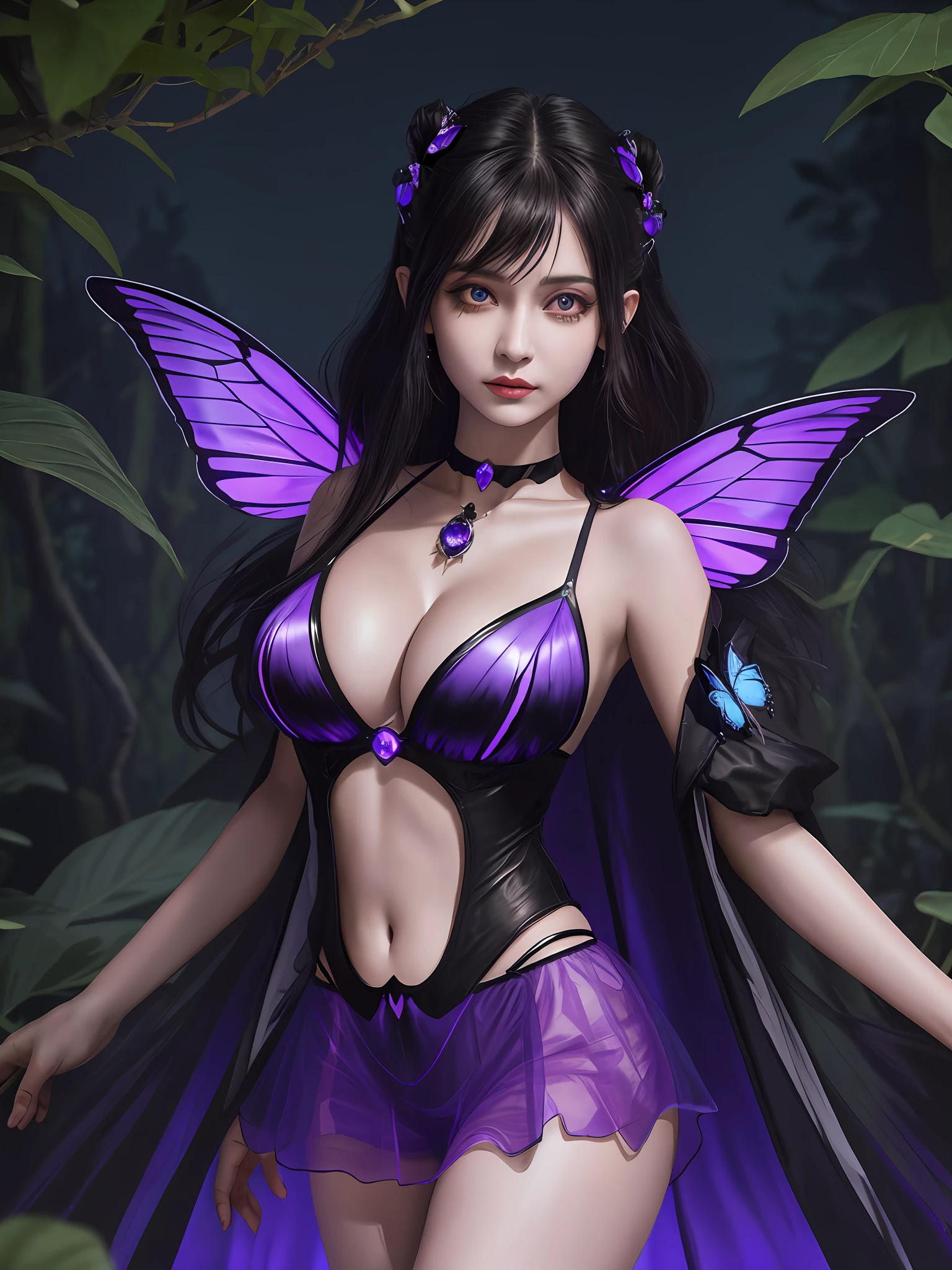 (16k, masterpiece, best quality), ultra-detailed, detailed beautiful round eyes, beautifully detailed face, high quality, high resolution, goddess, perfect face, perfect body, (massive breast), ((nighttime)), mature women, cinematic light, fantasy, sexy goth pixie wears a bikini and torn fullbody transparent cloths coat, choker, glowing (underworld fantasy) forest plants with purple neon details, open shoulders, tiny purple glowing butterfly, small mutated animals in background, torn mini skirt, shoulder pads emitting magic energy, cameltoe, dark, light reflection, perfect anatomy, looking into the distance