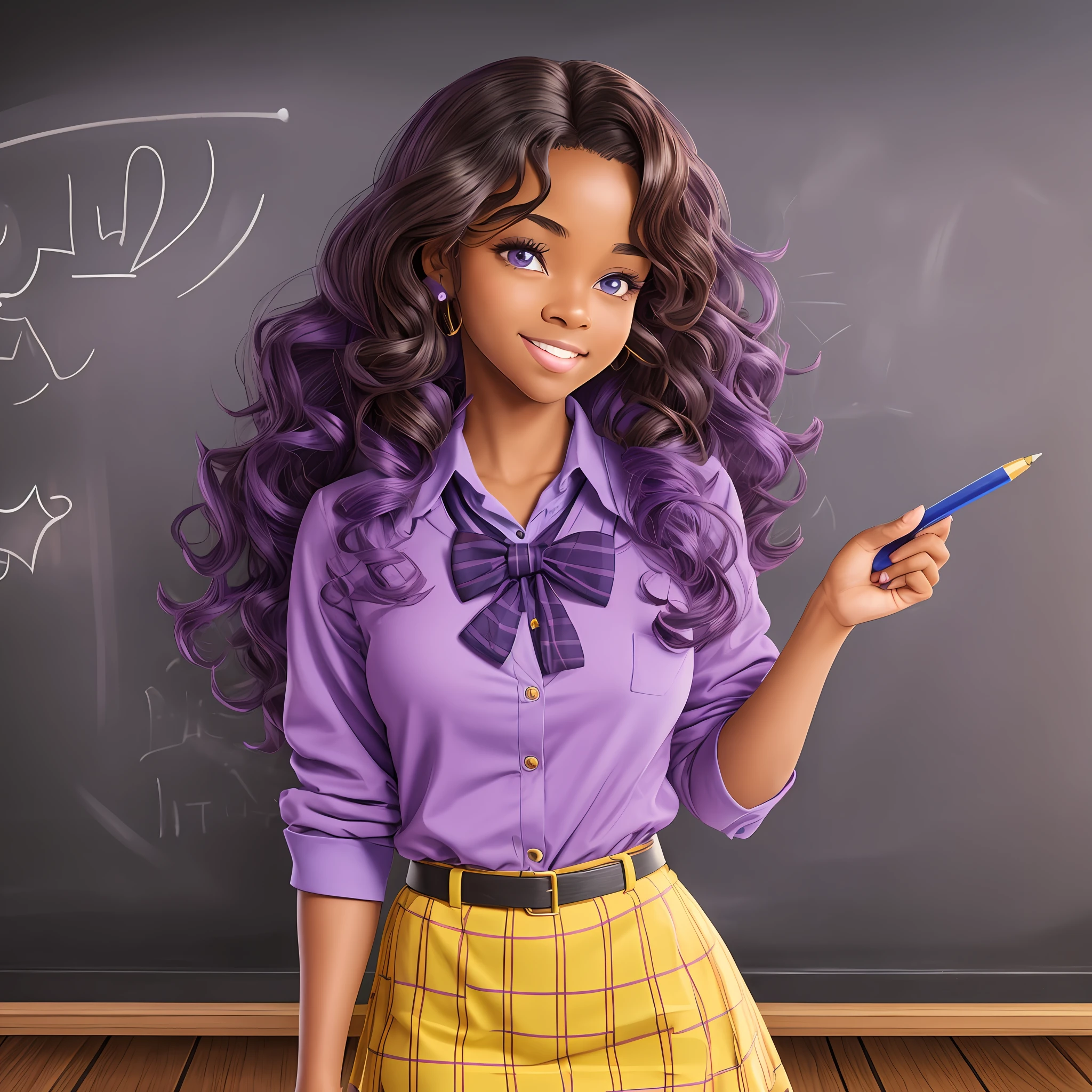 Disney character, black woman with wavy brown hair, intelligent, teacher's outfit, detailed ultra realistic lilac, purple and yellow clothes, disney style character, school teacher. School supplies, school, illuminated day scenery, landing in front of a chalk board --auto --s2