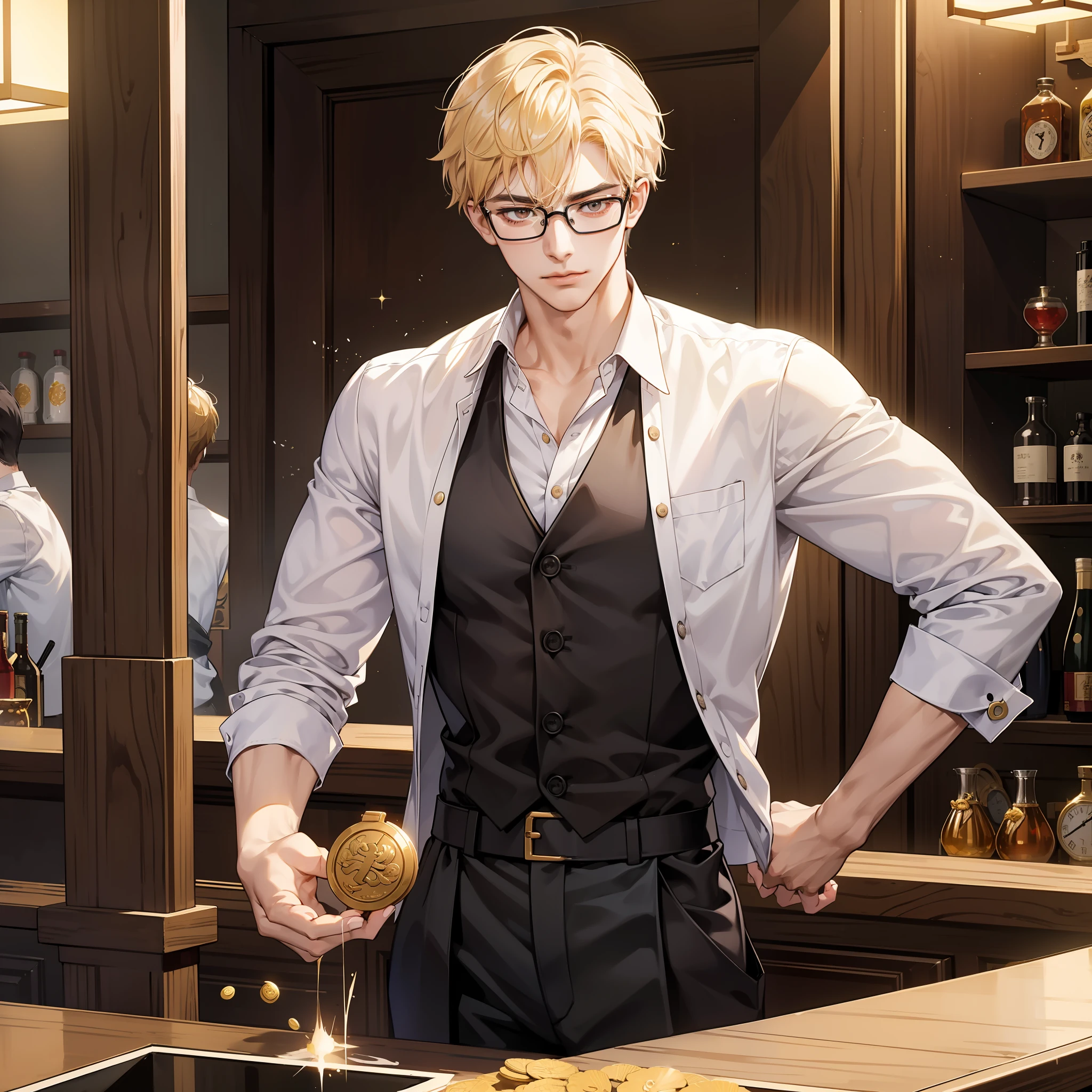 A man with glasses, standing in front of the bar, holding a golden coin in his hand: 1.2, white shirt, anime handsome guy, inspired by Bian Shoumin, handsome man, protagonist, Chiba Yuda, visual novel CG, inspired by Ding Yunpeng, Keqing from "Genshin" impact, inspired by Chen Daofu