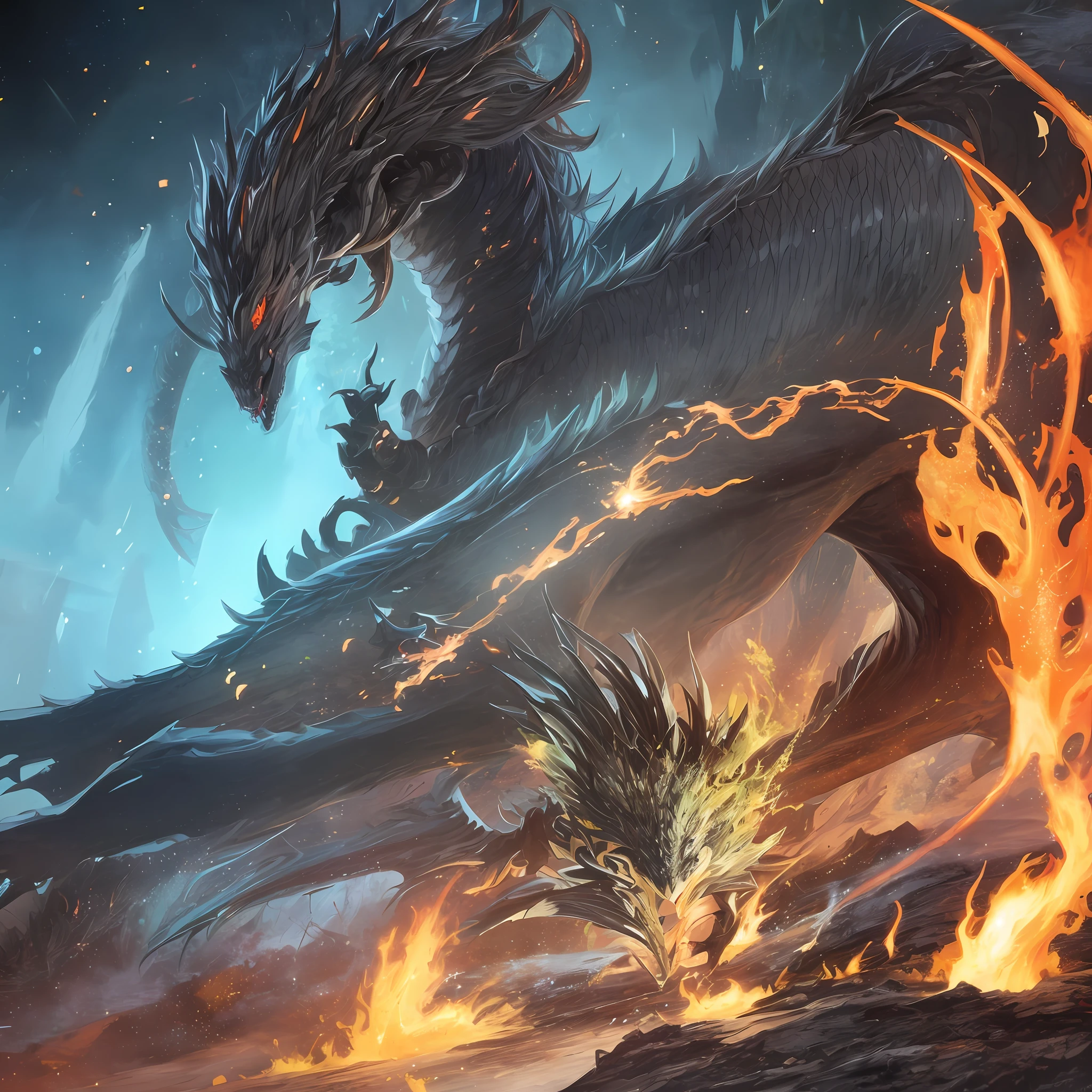 Dragon-like head Dragon-like body Black monster Long tail Flame-clad claws Flame effect Burning forest Scales Crustace