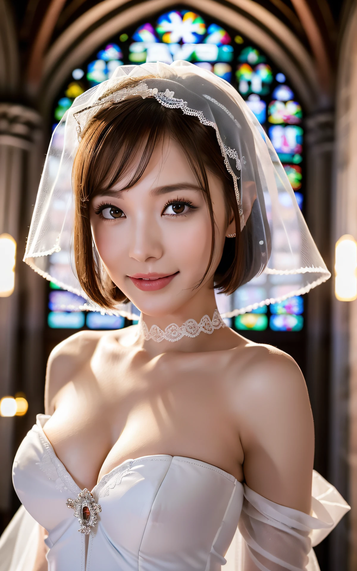 Photograph of a woman herself, one young girl, double eyelids, (big: 1.2), sexy bride, (pure white wedding dress, wedding veil)), (deep slit: 1.2), (smile: 1.1), off-shoulder, (((in church)), cleavage cutout, (open arms for viewer), (sideboob), (portrait )、(bob cut)、(close to viewer)、(strong light)