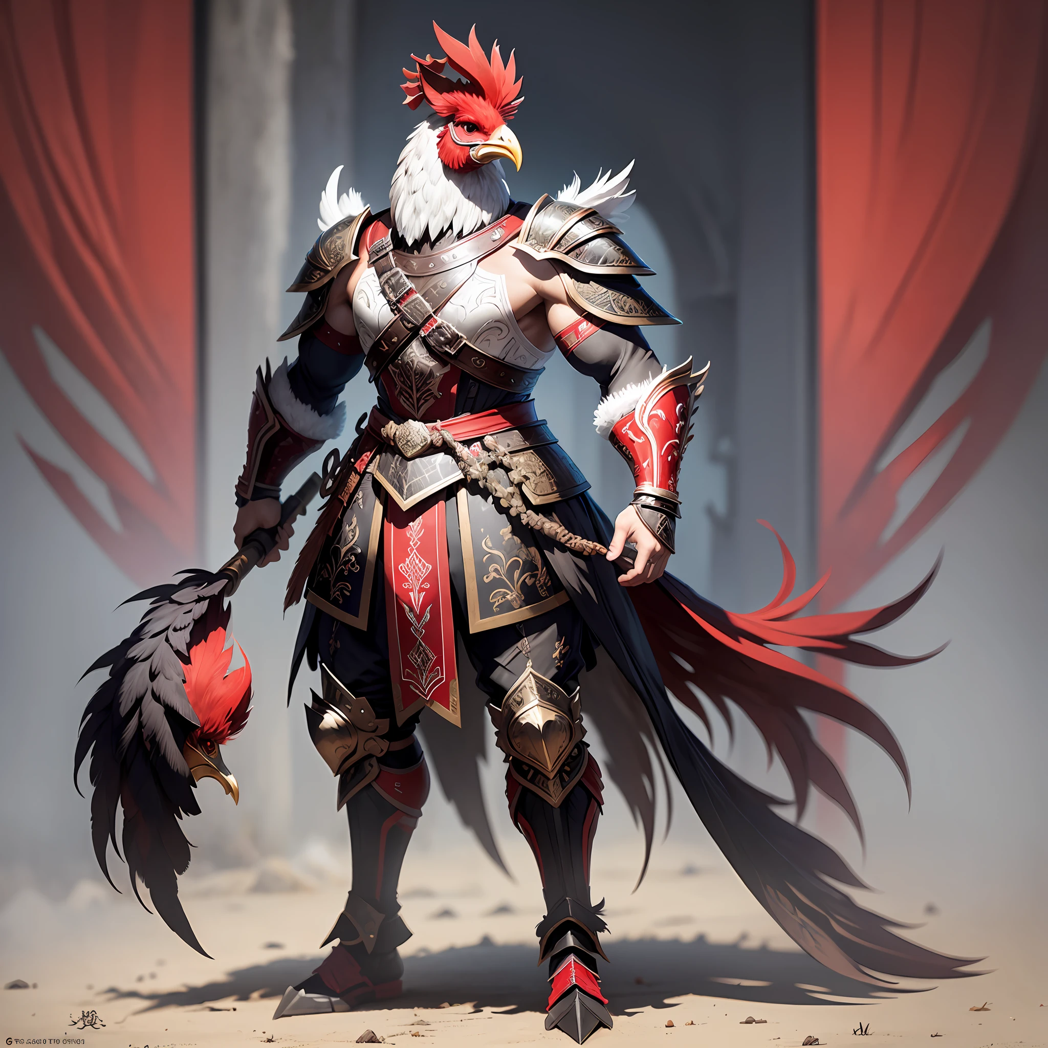 A rooster, warrior clothing, highly detailed armor, full body, muscles, red eyes, predominant color white and black --auto --s2