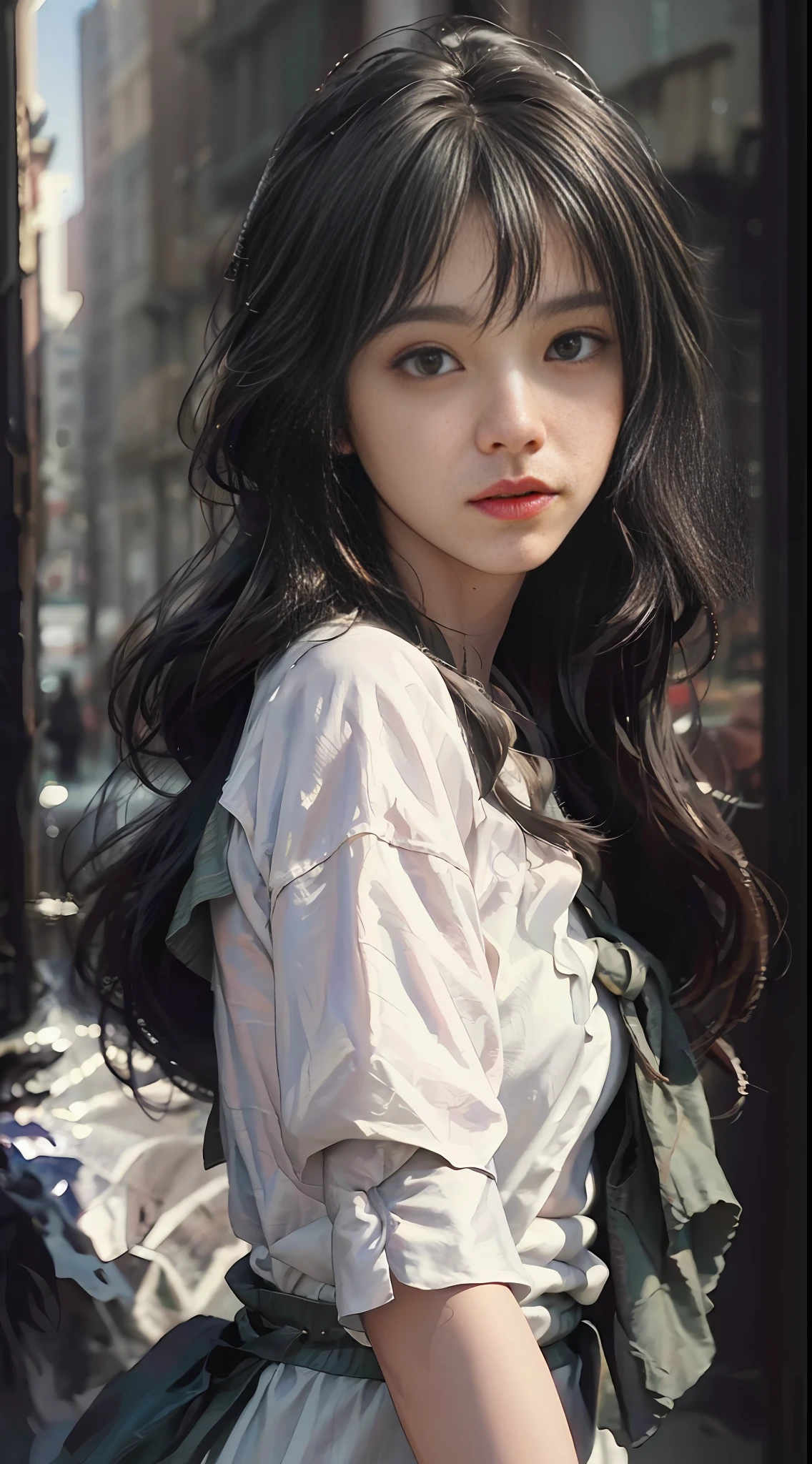 (RAW photo, best quality), (realistic, photo-realistic:1.3),best quality,highly detailed,masterpiece,ultra-detailed,illustration,1girl,upper_body,dynamic angle,world masterpiece theater,messy_long_hair,best quality,extremely detailed CG unity 8k wallpaper,ink,Amazing,cinematic lighting,lens_flare, dunhuang_style