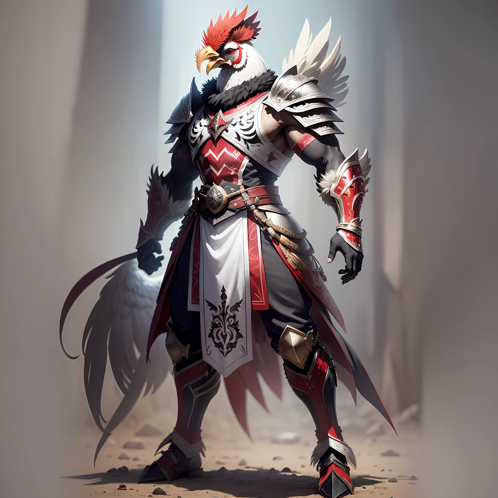 A rooster, warrior clothing, highly detailed armor, full body, muscles, red eyes, predominant color white and black --auto --s2