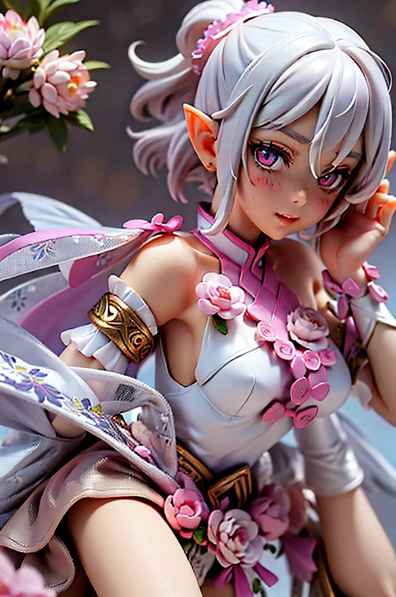 angel, ((third eye)), 1girl, grey hair, pink eyes, cheerful, perfect body, detailed face, soft skin, 4digists 1thumb, freefalling, short curly hair, elf ears, medium chest, rose gold armlet, intricate hair, ((peony)), angel wings, white dress under armor, halo, ponytail