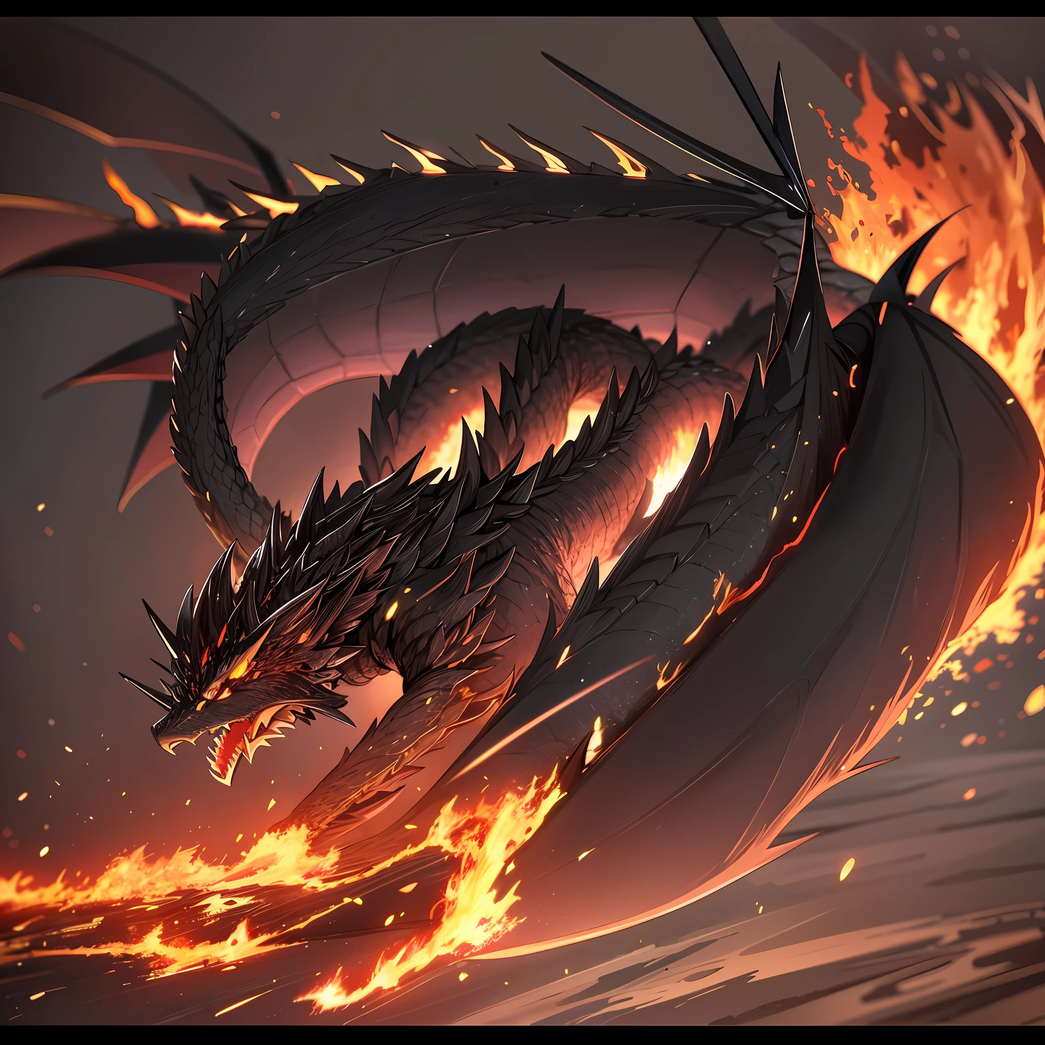 Black Monster Dragon-like Head Dragon-like Body Long Tail Cutting with Flaming Claws Flame Effect Burning Forest