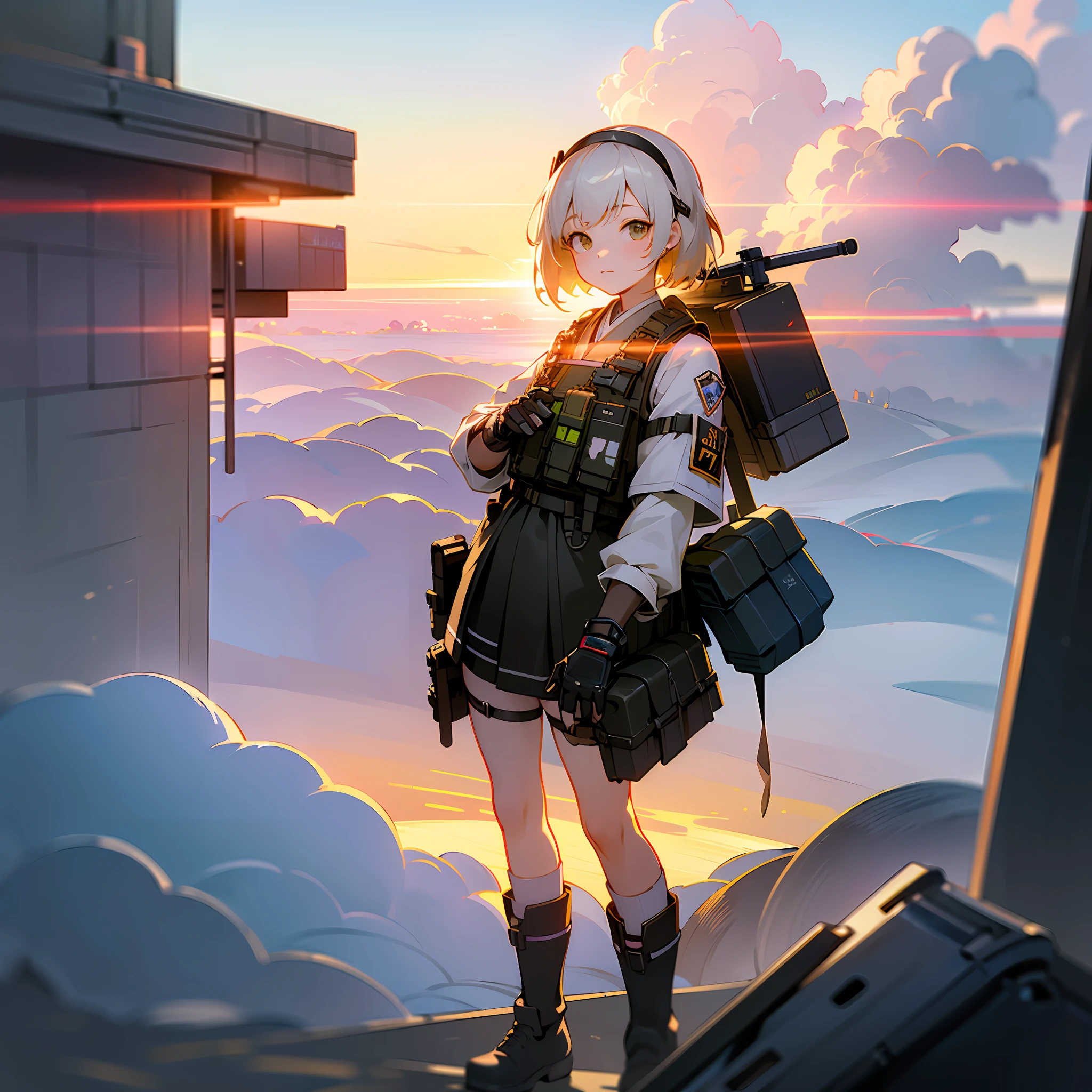 ((high quality)), ((masterpiece)), 8k, 1girls, bulletproof vest, light rays, extremely detailed CG unity 8k wallpaper, game cg, looking at viewer, gloves, boots, full body, watch, computer, mask, drone, mechanical arms, japan street , clouds , summer