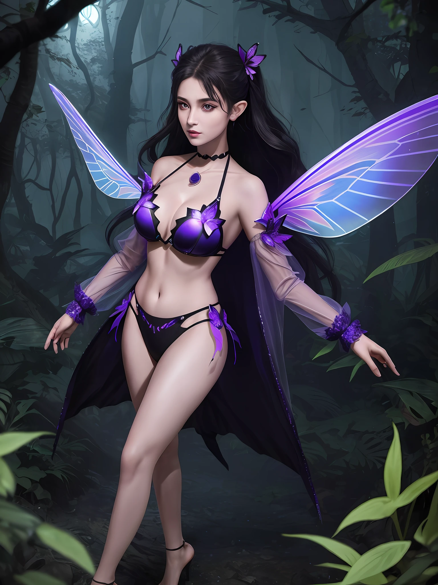 (16k, masterpiece, best quality), ultra-detailed, detailed beautiful round eyes, beautifully detailed face, high quality, high resolution, goddess, perfect face, perfect body, (massive breast), ((nighttime)), mature women, cinematic light, fantasy, sexy goth pixie wears a bikini and torn fullbody transparent cloths coat, choker, glowing (underworld fantasy) forest plants with purple neon details, open shoulders, tiny purple glowing butterfly, small mutated animals in background, torn mini skirt, shoulder pads emitting magic energy, cameltoe, dark, light reflection, perfect anatomy, looking into the distance, wings