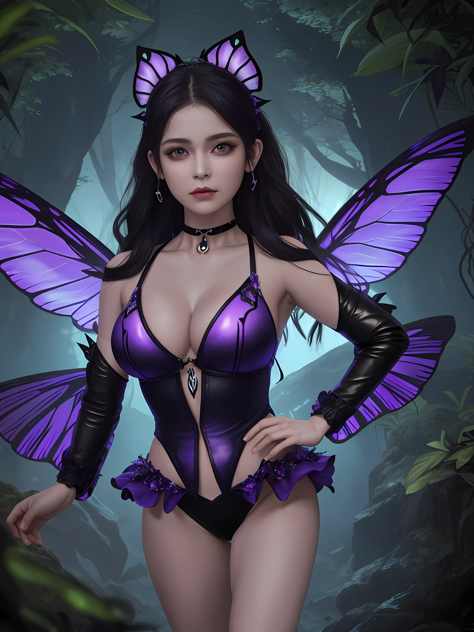(16k, masterpiece, best quality), ultra-detailed, detailed beautiful round eyes, beautifully detailed face, high quality, high resolution, goddess, perfect face, perfect body, (massive ), ((nighttime)), mature, cinematic light, fantasy, sexy goth pi wears a bikini and torn fullbody transparent cloths coat, choker, glowing (underworld fantasy) forest plants with purple neon details, open shoulders, tiny purple glowing butterfly, smaltated animals in background, torn mini skirt, shoulder pads emitting magic energy, cameltoe, dark, light reflection, perfect anatomy, looking into the distance, wings