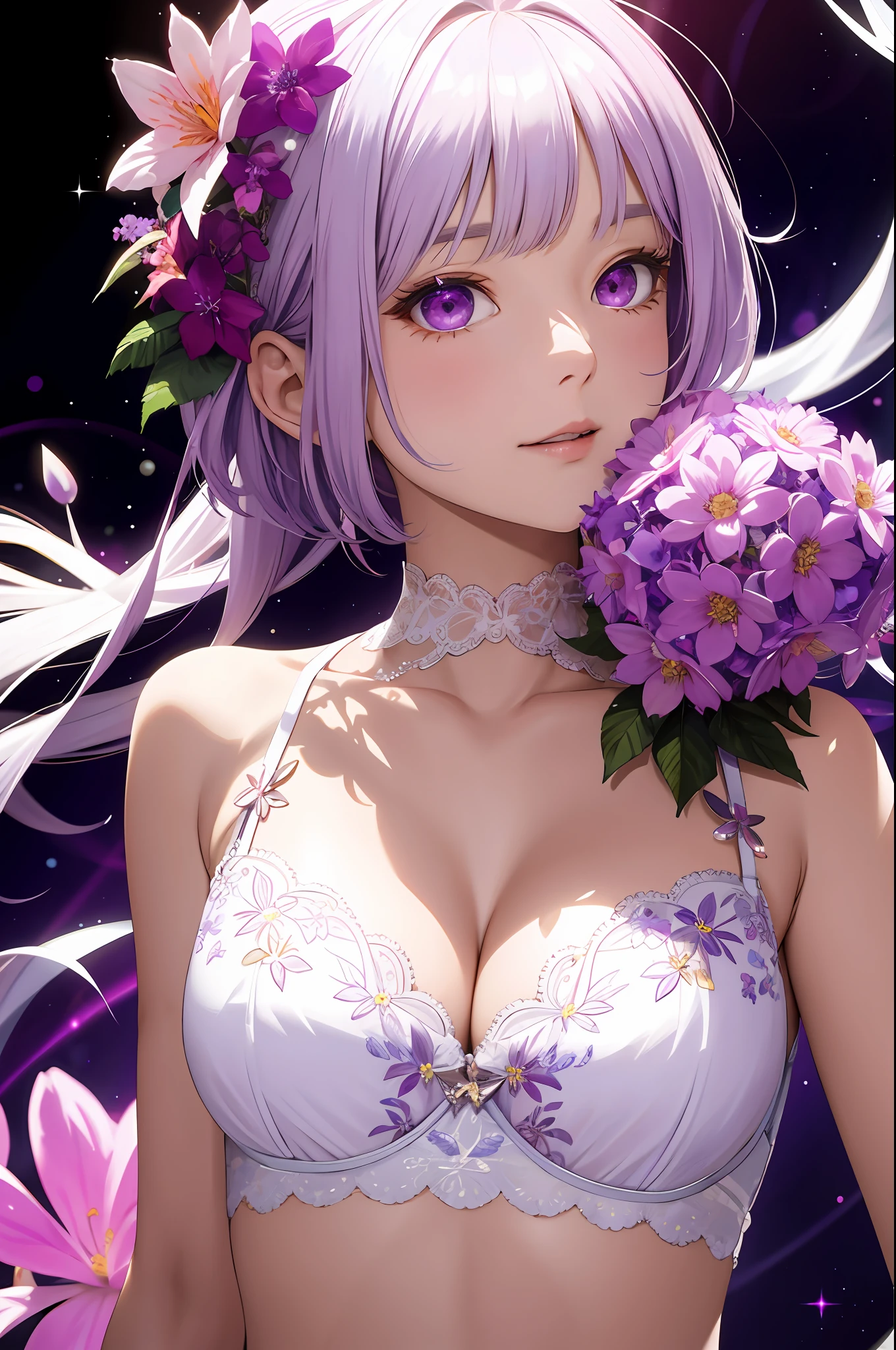 Absurdity, High Resolution, (Close-up:1.4), Side-View,Upper Body,1 Girl,Glowing Hair, Glowing Purple Eyes,Fractal Art, Complex Background, (Fancy Background:1.3), (Colorful Background:1.2), Flashy Effects, (Flower Effects:1.2), DNA Effects, White Effects, (Light Color Scheme:1.2) Break shiny silver hair and pink inner color, Sidecut bob, shiny skin, light purple embroidery on white base beautiful underwear in details, cleavage, floral effect