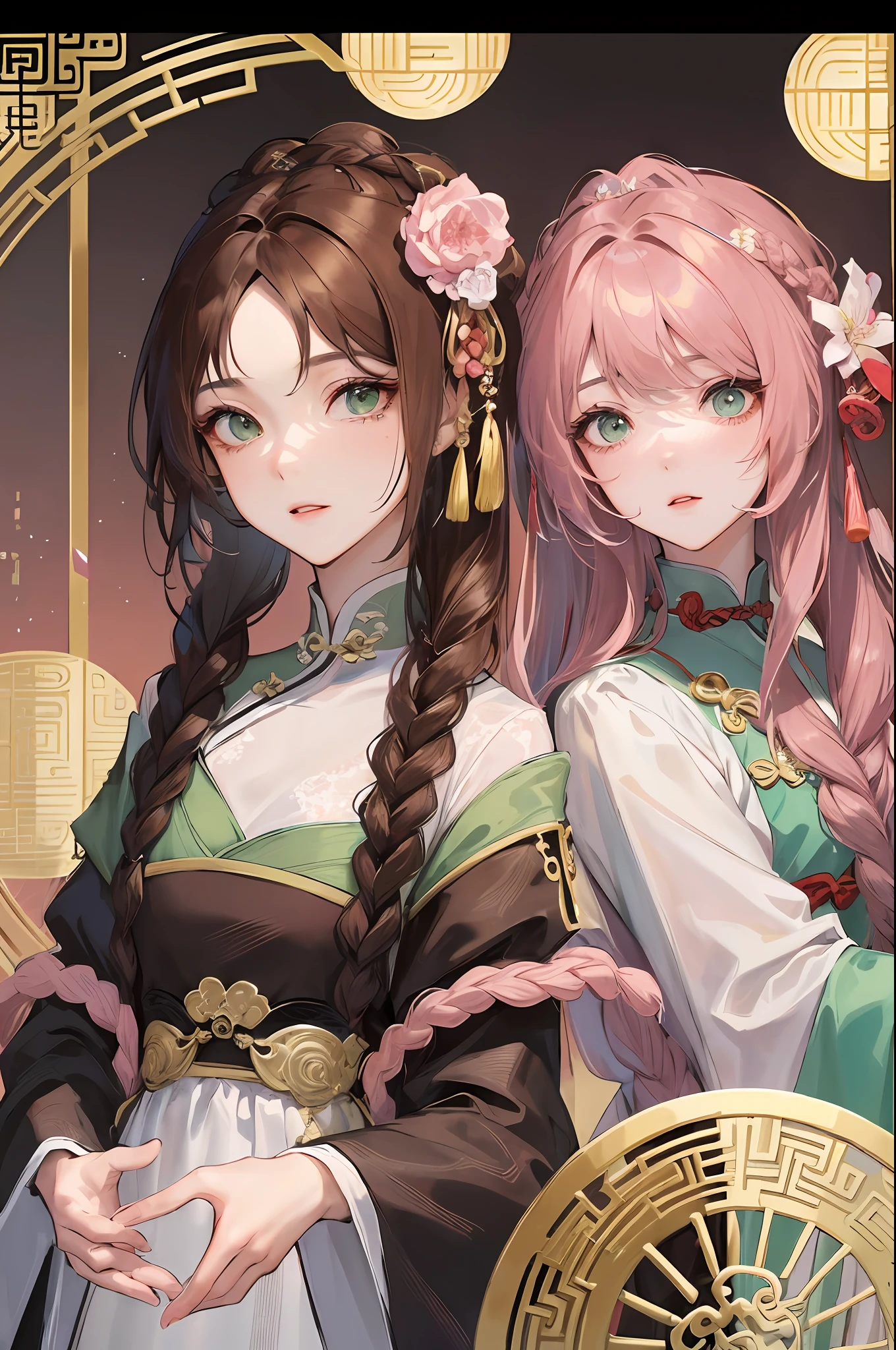 Masterpiece: Superb Night Full Moon 1 Female Mature Chinese Style Ancient Chinese Sister Royal Sister Cold Expression Expressionless Brown Hair Princess Cut Twist Twist Flower Braided Coiled Hair Double Pill Head, Light Pink Lips, Calm Intellectual, Medium Distribution, Green Eyes, Hair Card,