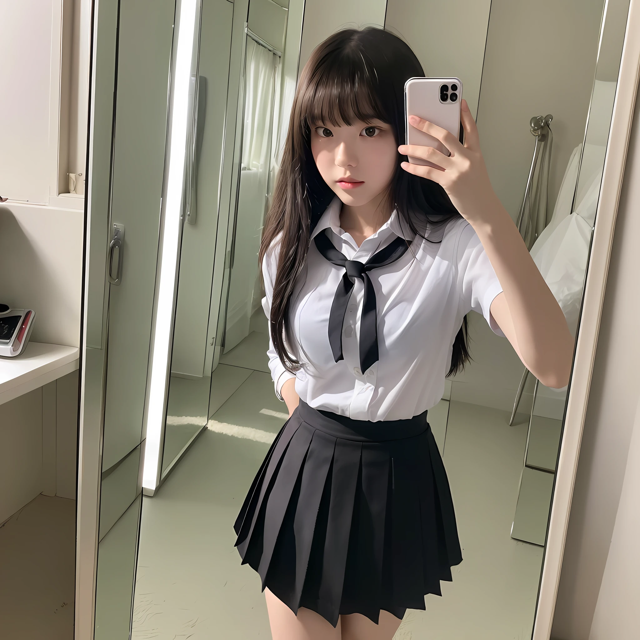 (Mirror Selfie: 1.5), (Skirt Flip: 1.5), (8k, RAW Photos, Best Quality, Masterpiece: 1.2), (Realistic, Realistic Photos: 1.37), 1 Girl, (18 years old: 1.2), , (School uniform with white shirt and black skirt: 1.2), (Medium hair), Bangs