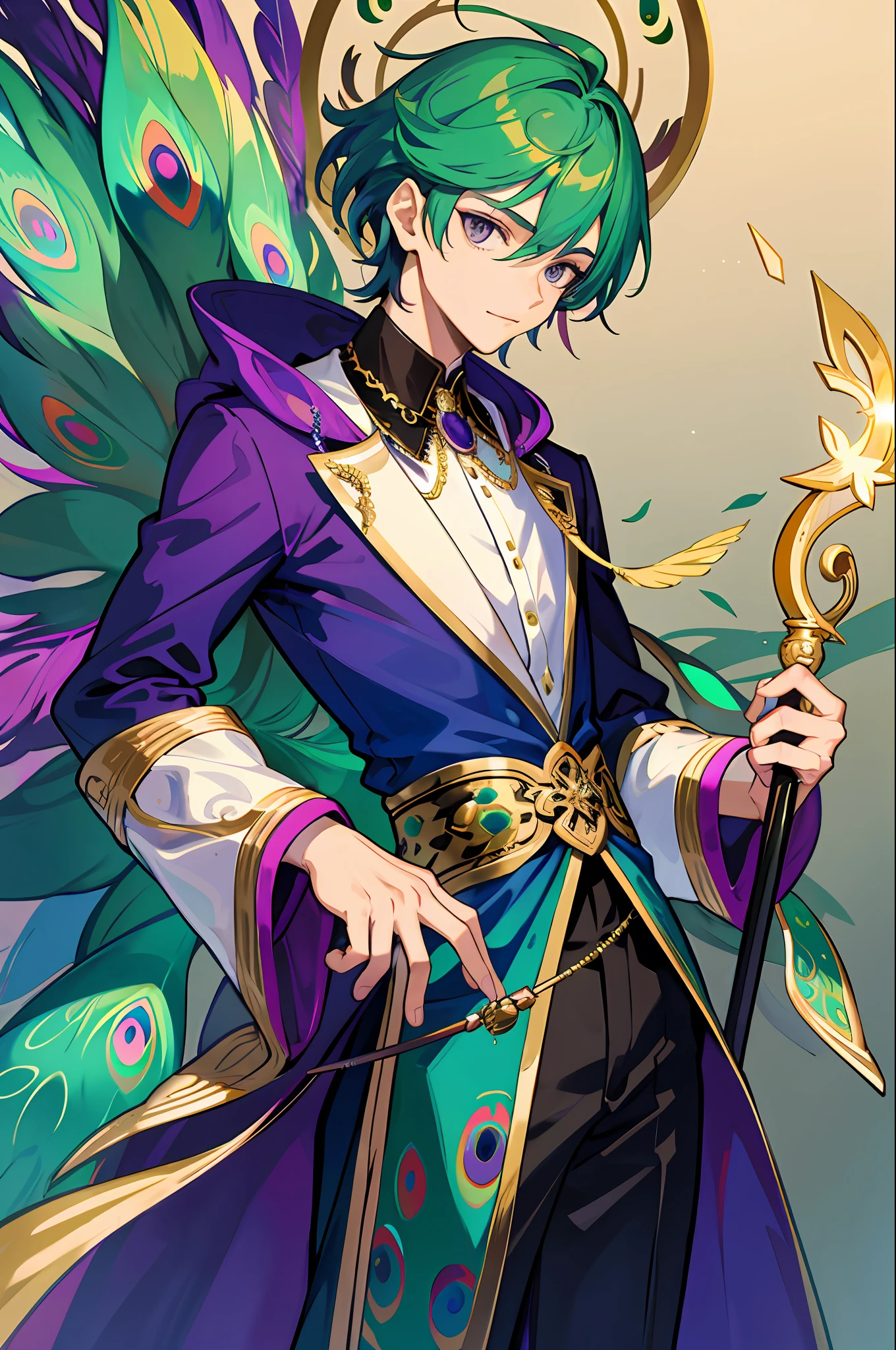 1boy, man with half green half purple hair, black eyes, confident expression, peacock feather clothes, he is holding a golden staff