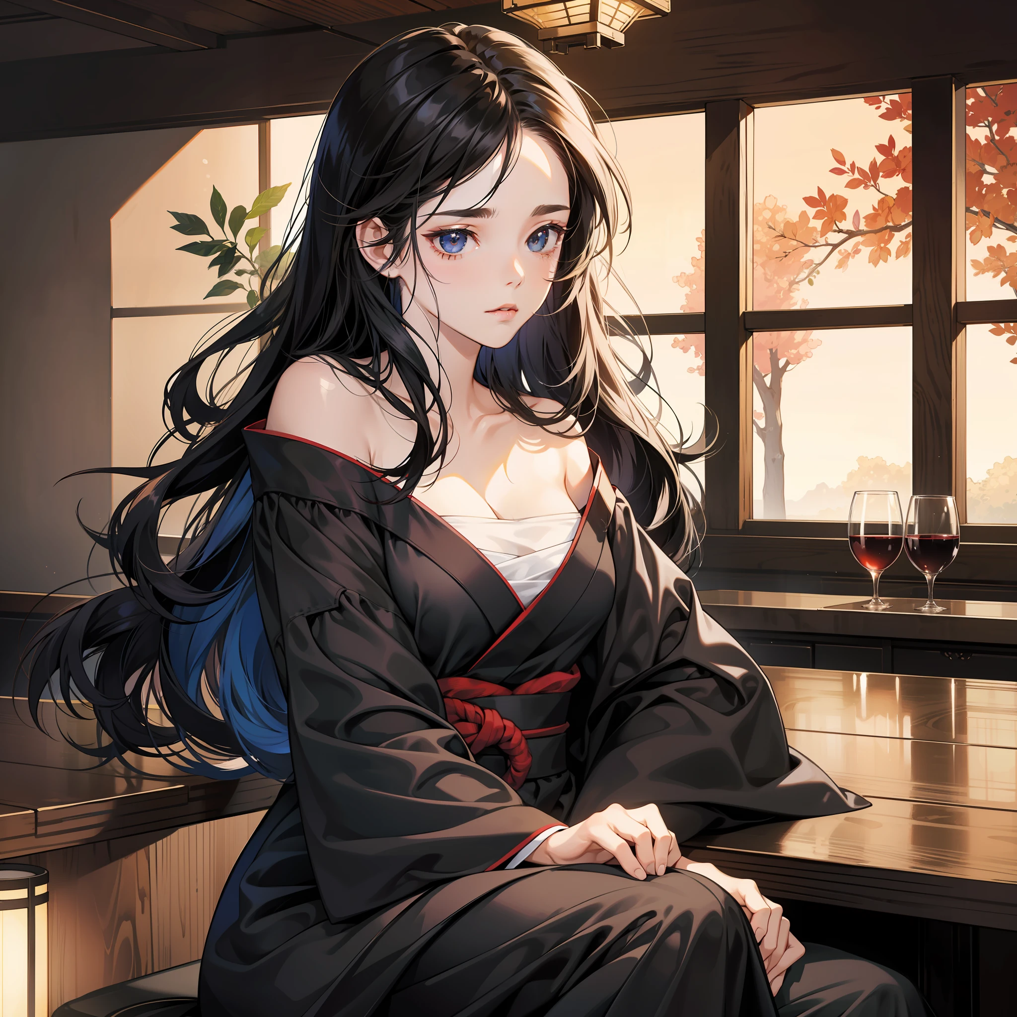 In the bar, a woman, sad, black dress, head down, conservative, long black hair, sitting on a stool, a glass of wine on the bar, from Girl Front, Girl Front style, smooth anime CG art, Japanese anime style