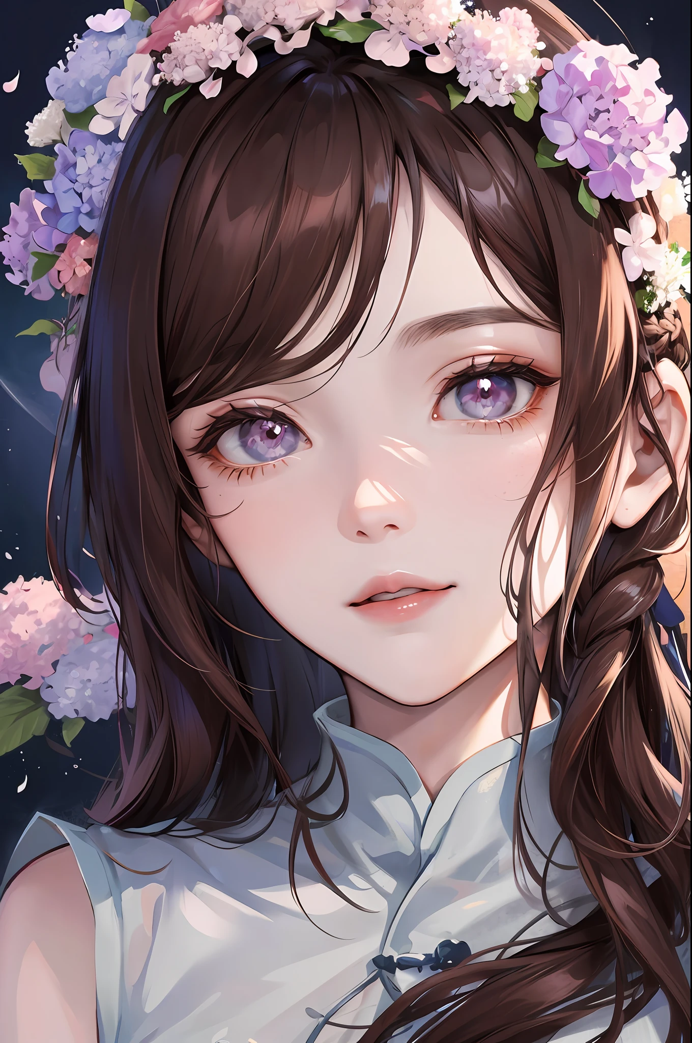 Masterpiece, best, night, full moon, 1 female, mature woman, Chinese style, ancient China, elder sister, royal sister, smile, dark brown hair, dark hair, princess cut, braid, curly hair, double ball head, pale pink Lips, calm, intellectual, medium hair, green pupils, hairpin, hydrangea, delicate face, face close-up, hand close-up