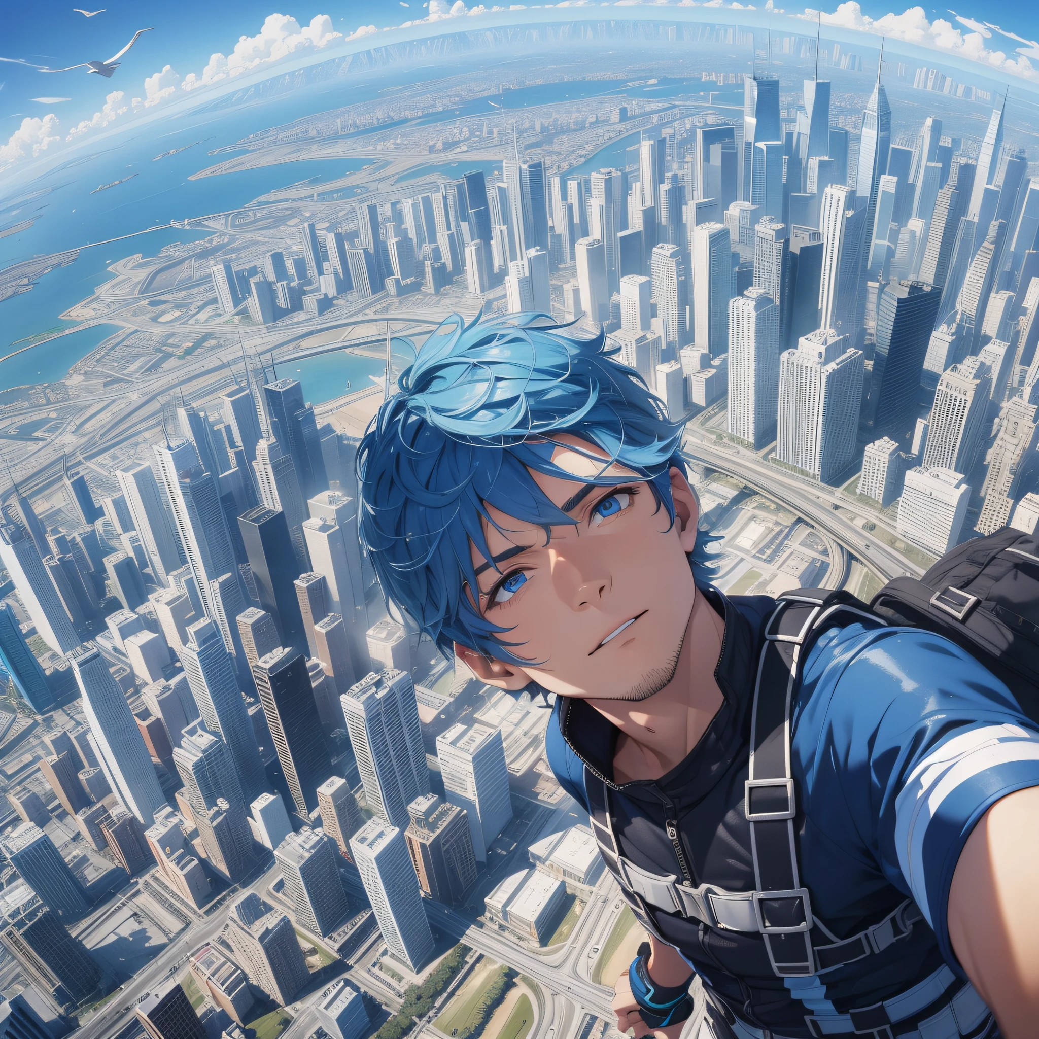 Extreme sports photography, skydiving, landing from a high altitude, thrilling tension, selfie medium scene, bust photo, a man with short white hair and blue eyes, sky in the background, bird's eye view of the earth, city, tall buildings, high quality, realistic effect