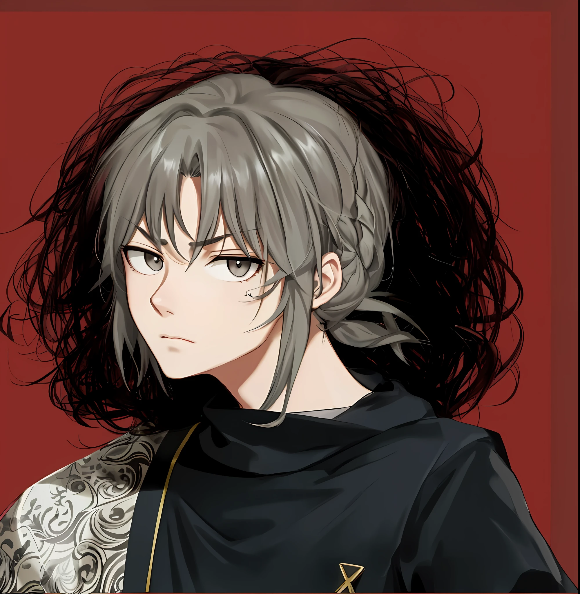 Serious expression, gray hair, serious face, long hair
