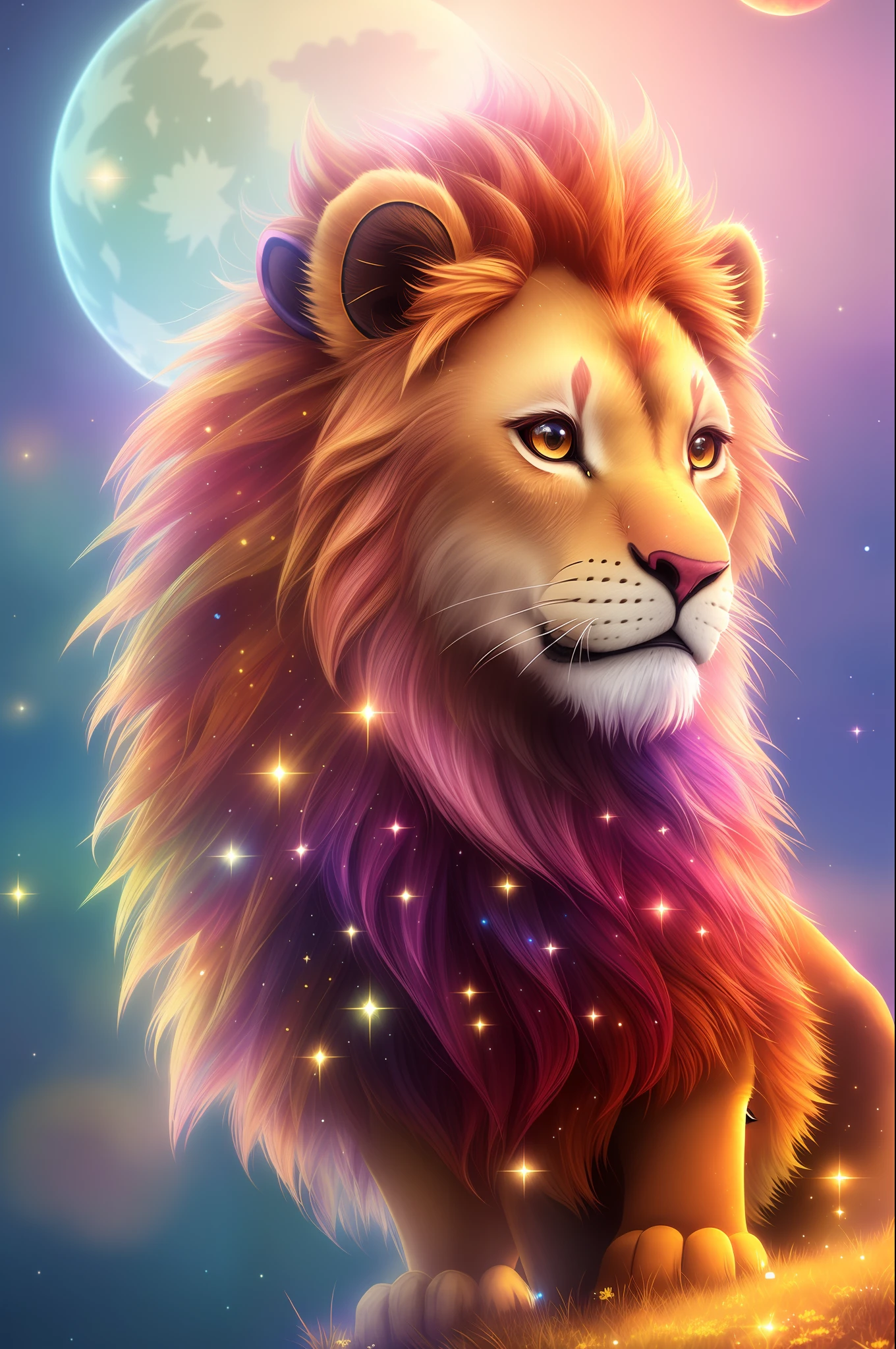 side view, oversaturate, colorful, fairy tale, dreamlike, render cinematic character, oil painting, 3d, 8k resolution, sequins, glitter, sakura forest, moonlight, Close up Portrait adorable chibi kawaii lion king of the tribe of Judah anthropomorphic, detailed eyes, large reflective round eyes,