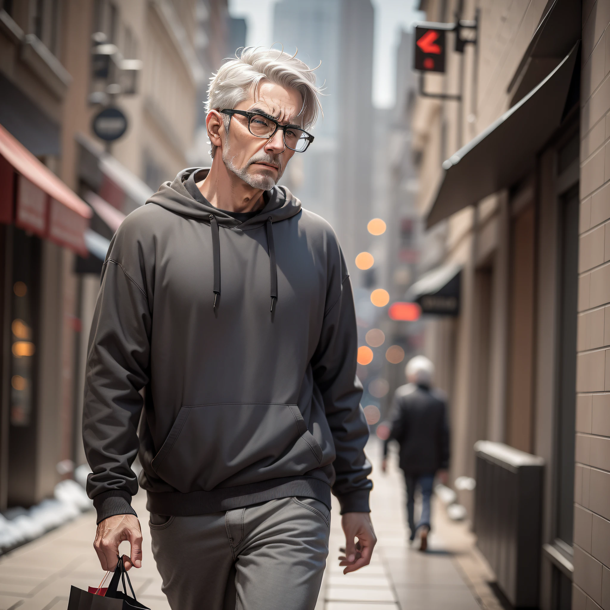 Realistic image of a man with short, gray hair, wearing glasses, wearing a black sweatshirt, walking down a shopping street during a winter afternoon, angry expression