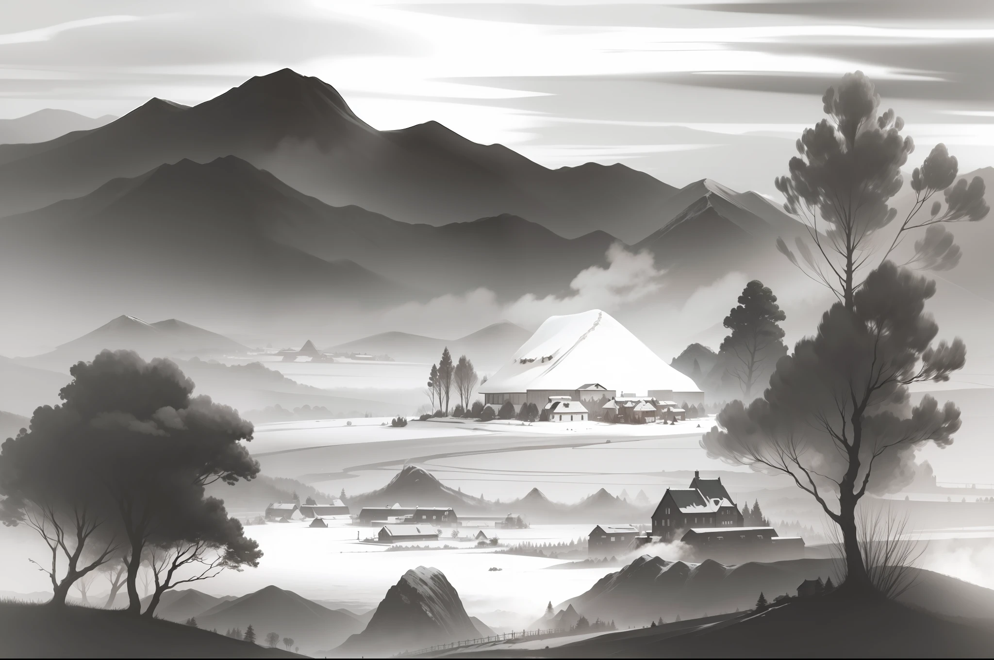 Mountains and villages ink painting with thin ink