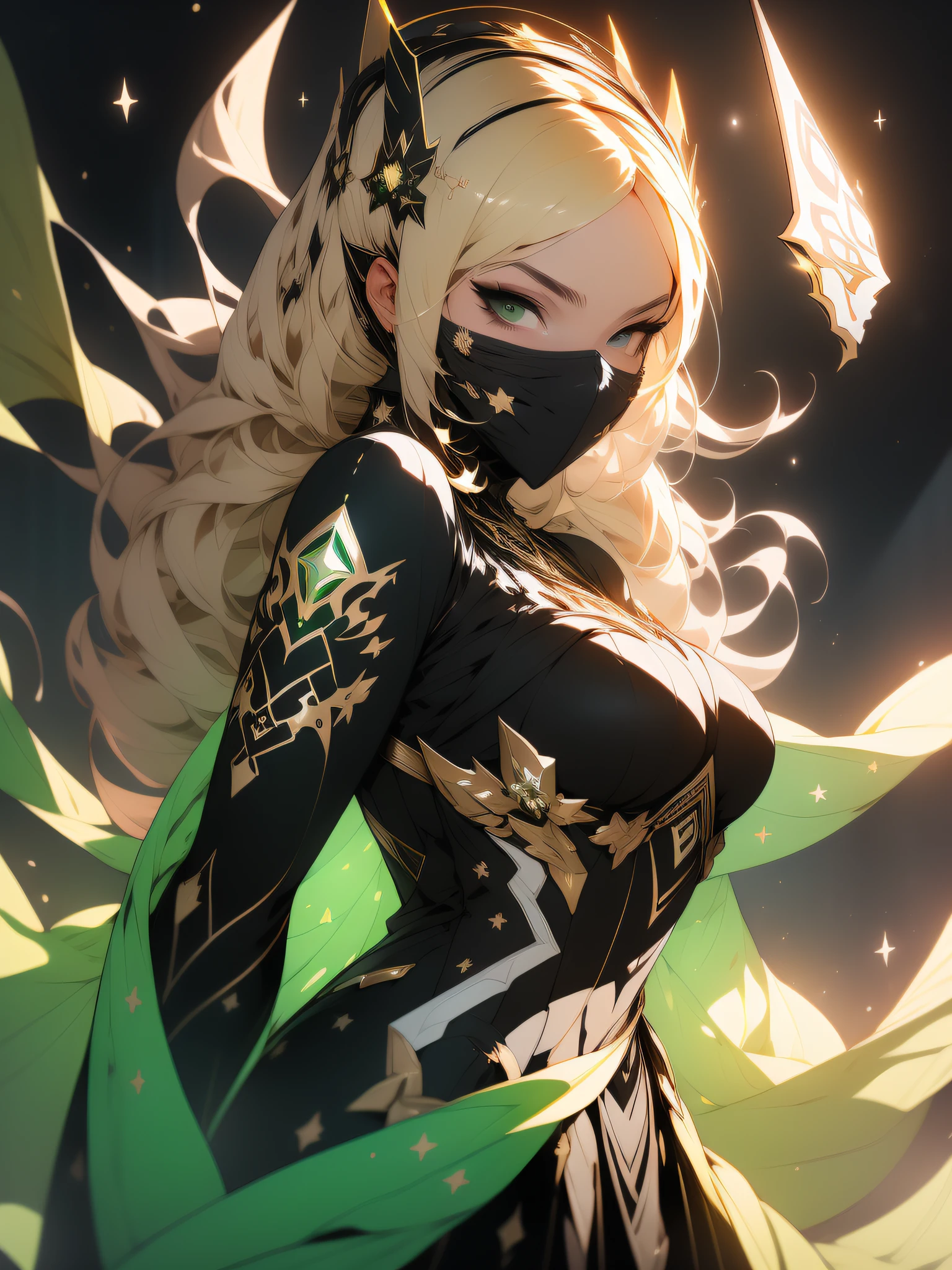 ((Best quality)), ((masterpiece)), (detailed: 1.4), (Absurd), angry princess, (((back))), ((action pose)), (((black Muslim woman wearing long gold and green dress and with her face covered))), (((burqa))), (((back))), ready for war, dark skinned, black middle eastern woman, sculptural body with defined muscles, closed mouth, muscular body covered by a Hoyoverse-style technological dress, Honkai Impact, Geishin Impast, technological veil covering the face, White veil covering the head, whole body covered by clothing, holding two scimitars, ((small breasts)), (eyes with heavy and very black makeup without pupils), ((golden clothing with small green details)), (((long blonde hair)), (Arabic inscriptions on the arms), ((drawings of stars ve8rmelhos on the arms)), very long eyelashes, heavy makeup on the eyes, lots of jewelry, by mucha, niji --V5, close to real, psychopathic, crazy face, sexy pose, background with a giant Gundam style robot head, 2 piece clothing, diamond shoulder pads, pastel, centered, scale to fit dimensions, HDR (High Dynamic Range),Ray Tracing,NVIDIA RTX,Super-Resolution,Unreal 5,Subsurface dispersion, PBR texture, Post-processing, Anisotropic filtering, Depth of field, Maximum clarity and sharpness, Multilayer textures, Albedo and specular maps, Surface shading, Accurate simulation of light-material interaction, Perfect proportions, Octane Render, Two-tone lighting, Wide aperture, Low ISO, White balance, Rule of thirds, 8K RAW, crysisnanosuit